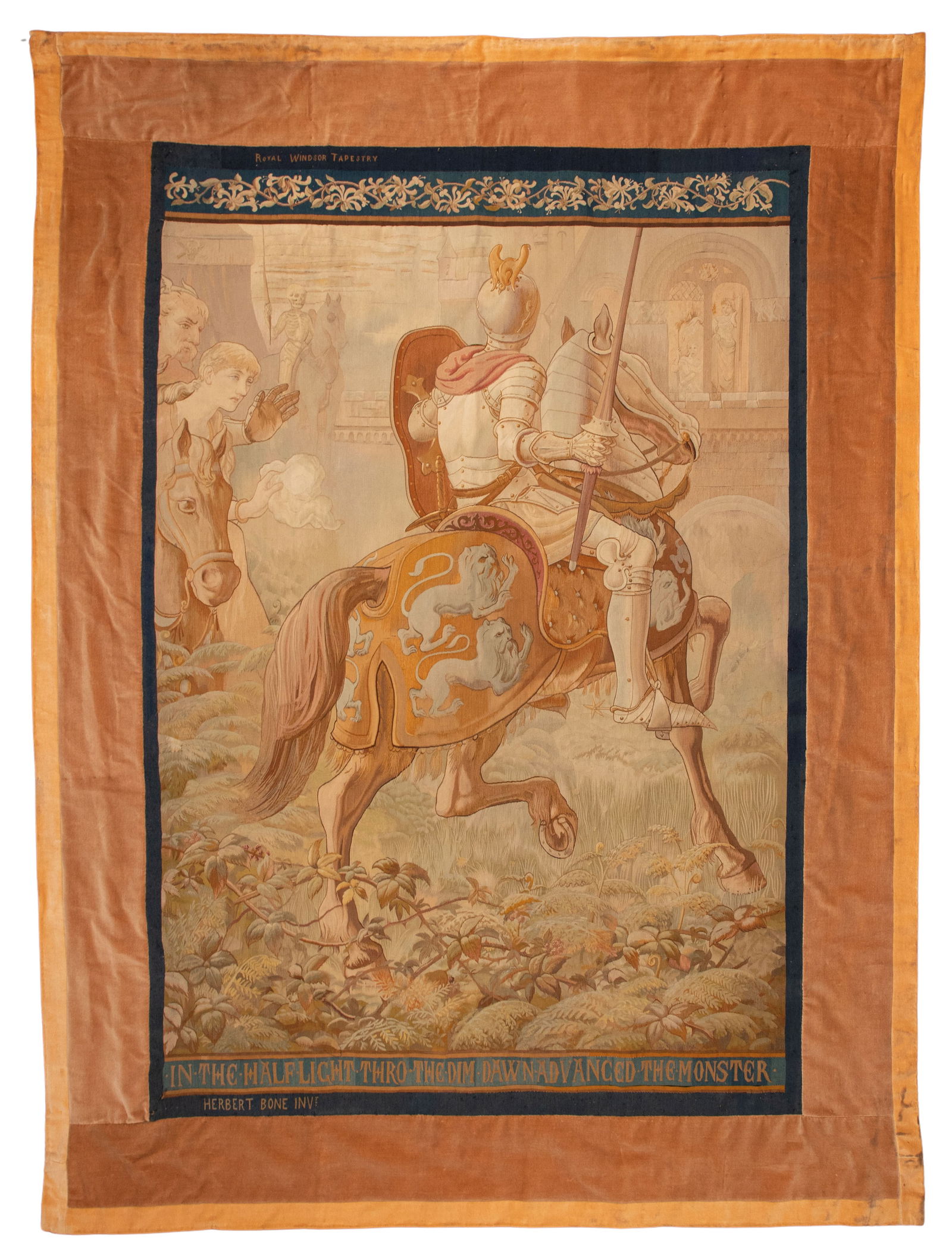 Royal Windsor Tapestry: Royal Windsor Tapestry Depicting a knight leaving for battle, made by Royal Windsor Tapestry, designed by Herbert Bone having both names woven into the fabric as well as a poetic verse, tapestry surro