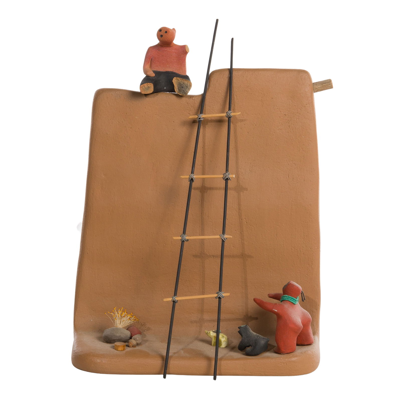 Nora Naranjo Morse (American / Santa Clara Pueblo, b.1953) 'Zak and Eliza' Pottery Sculpture: Nora Naranjo Morse (American / Santa Clara Pueblo, b.1953) 'Zak and Eliza' Pottery Sculpture Undated, signed and titled underside, depiction of figures and a pueblo building having wood, bead and fibe