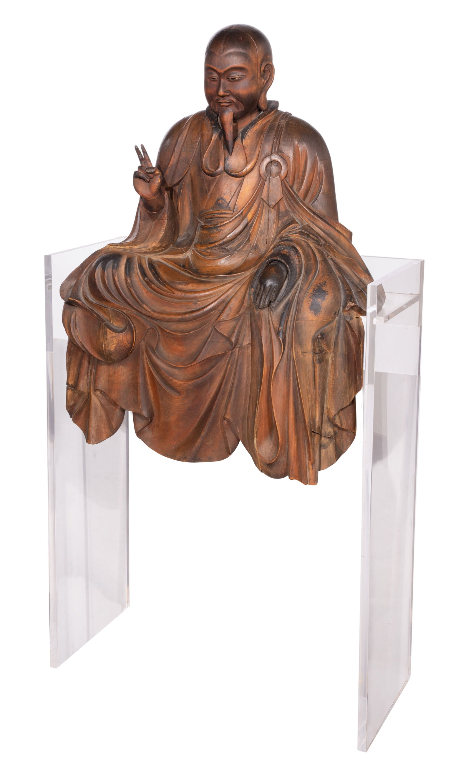 Japanese Fudaishi Carved Wood Statue: Japanese Fudaishi Carved Wood Statue 17th century style seated depiction of the Chinese monk also known as Buddhist Master Fu Xi, credited with introducing Buddhism to Japan and revered as the Japanes