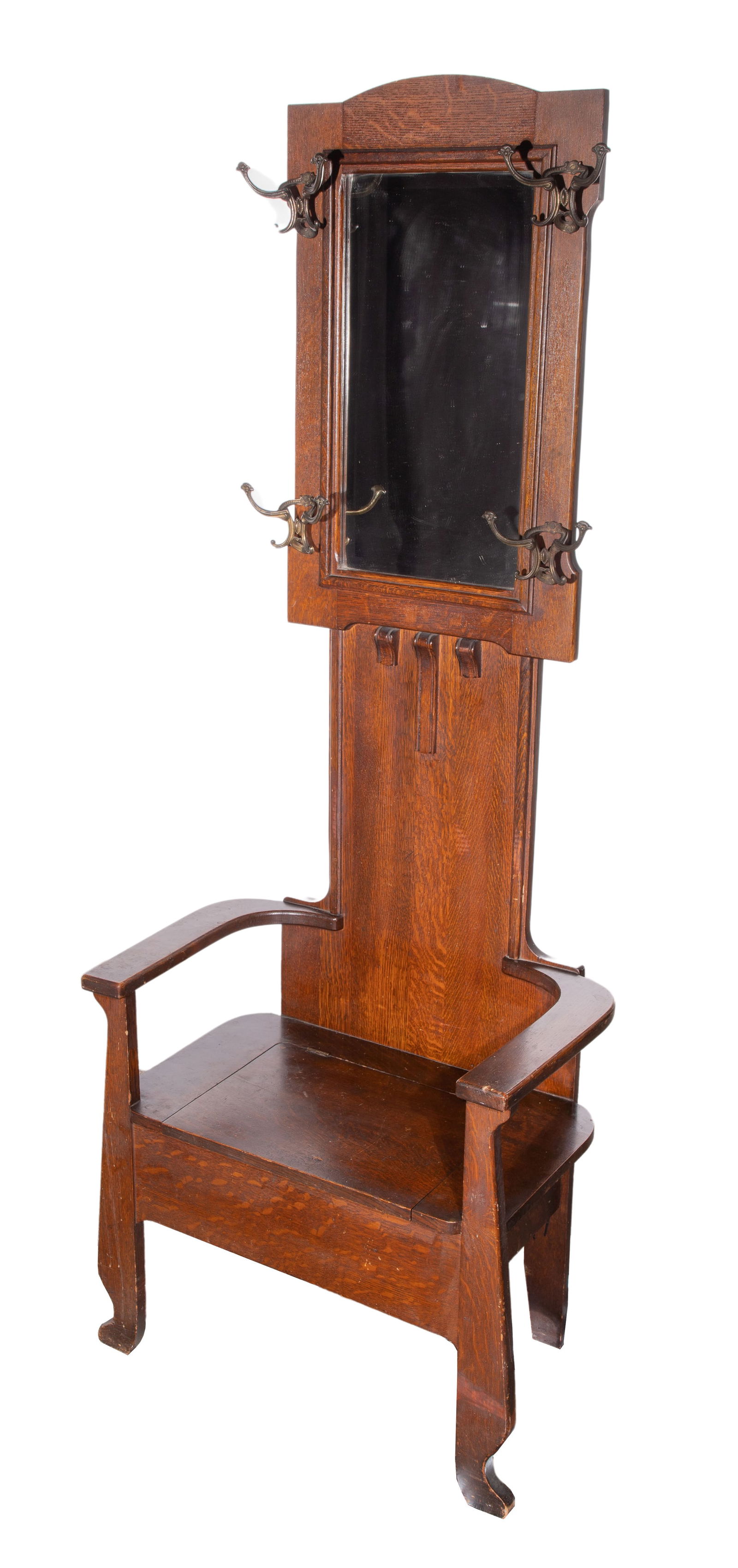 Oak Hall Tree with Storage Trunk: Oak Hall Tree with Storage Trunk Having a beveled mirror, four coat hook arrays and a compartment under the seat Property from: a Private Collector, Willow Springs, Illinois Height: 71 inches, Width: