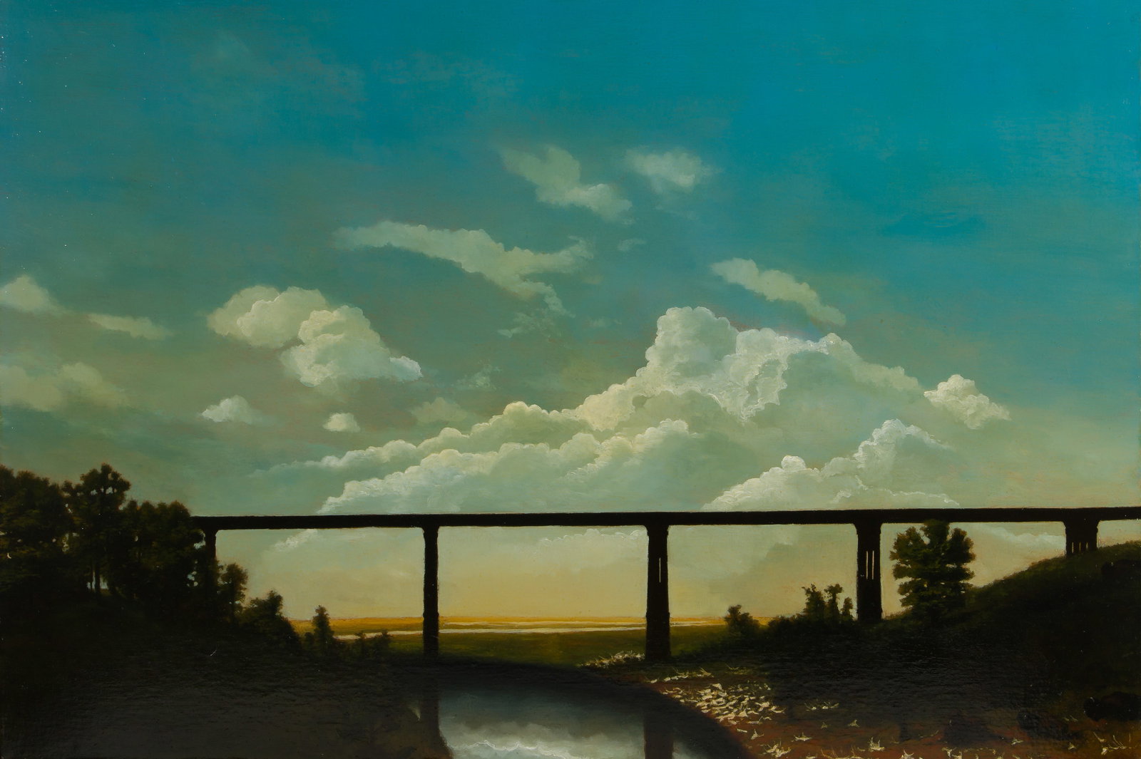 Attributed to Don Pollack (American, b.1958) Oil on Canvas: Attributed to Don Pollack (American, b.1958) Oil on Canvas Undated, unsigned, depicting a bridge under a cloudy blue sky, floated in painted wood frame Property from: an Estate, Chicago (Gold Coast),