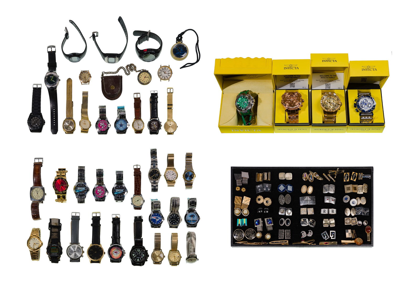 Wristwatch, Tietack and Cufflink Assortment: Wristwatch, Tietack and Cufflink Assortment Over (80) items including Invicta Reserve Limited Edition #164/400 Chaos model #18687, Invicta Pro Diver model #37361, Invicta Bolt model #38142, Invicta Su
