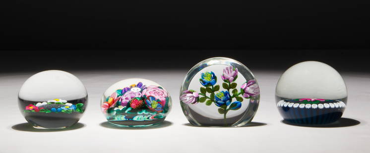 Ken Rosenfeld Paperweight Assortment: Ken Rosenfeld Paperweight Assortment (4) total items including (3) Rosenfeld of different sizes and design, each having a floral motif, all signed on cane or surface, some dated; together with a Willi