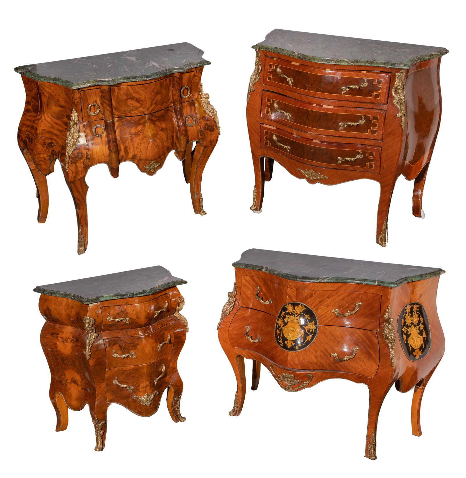 Louis XV Style Bombe Chest Assortment: Louis XV Style Bombe Chest Assortment (4) commodes of various sizes all having beveled edge shaped green marble tops, kingwood veneers, ormolu bronze mounts, marquetry inlay / painted Property from: a