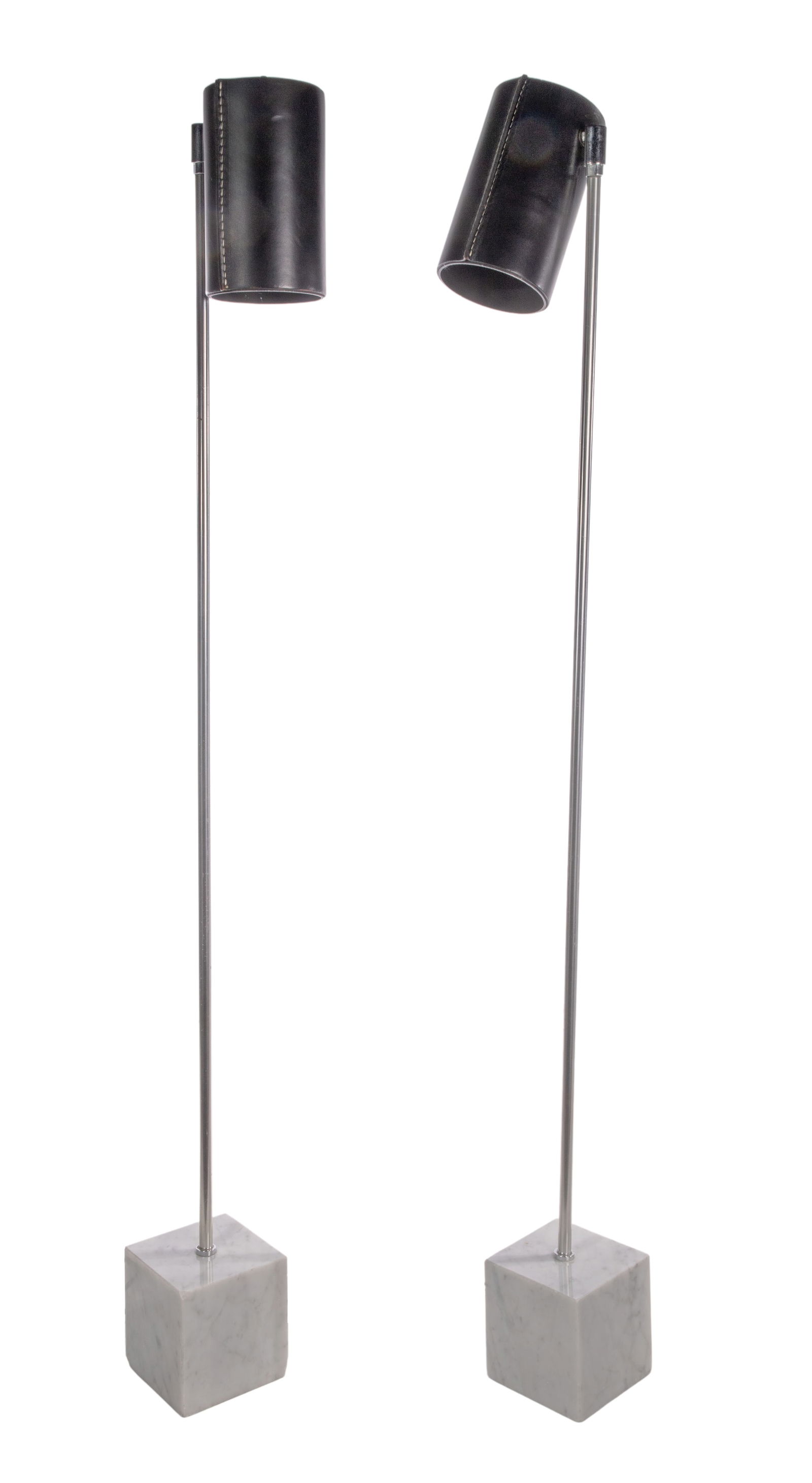 Robert Sonneman for Kovacs Floor Lamps: Robert Sonneman for Kovacs Floor Lamps Pair of floor lamps having reticulated heads, shades covered in stitched saddle leather, steel shaft, marble base Property from: an Estate, Chicago (Gold Coast),