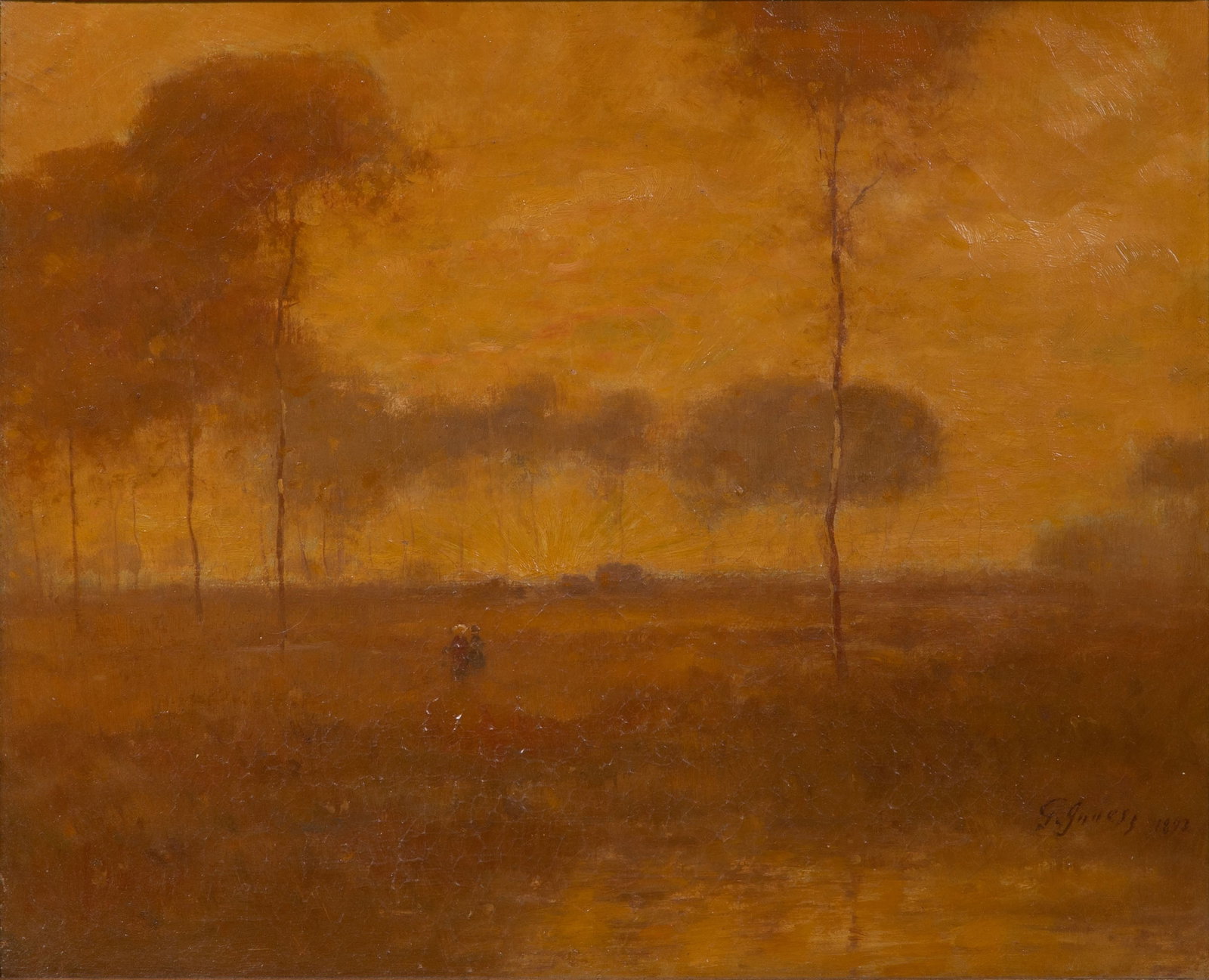 Follower of George Inness (American, 1825-1894) Oil on Canvas: Follower of George Inness (American, 1825-1894) Oil on Canvas 1893, spuriously signed and dated lower right, depicting a sunset landscape with two small figures left of center, in a gold-painted wood
