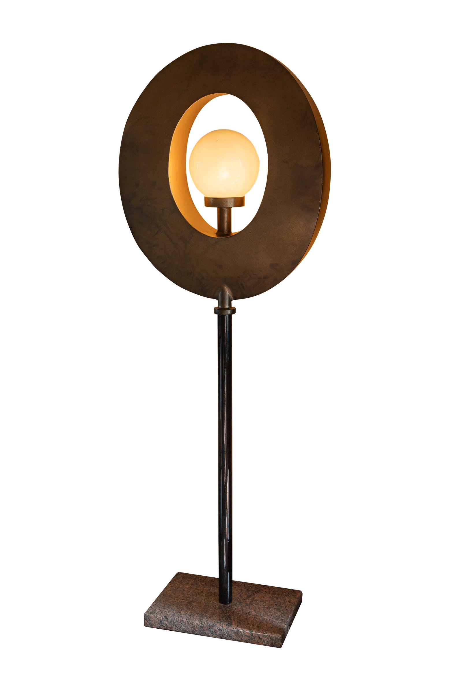 Kenneth Nelson (American, 1932-2022) 'Elliptical Illumination #2' Sculptural Lamp: Kenneth Nelson (American, 1932-2022) 'Elliptical Illumination #2' Sculptural Lamp 2000, unsigned, round powder coated steel top on a black iron pipe, marble base Property from: an Estate, Chicago (Bev