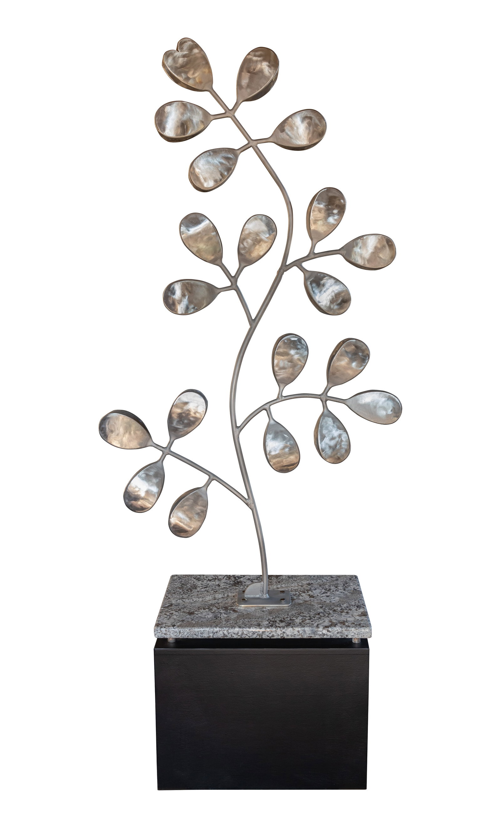 Kenneth Nelson (American, 1932-2022) 'Ruta II' Metal Sculpture: Kenneth Nelson (American, 1932-2022) 'Ruta II' Metal Sculpture 2009, unsigned, depicting a brushed steel ruta herb on a marble plinth, wood base Property from: an Estate, Chicago (Beverly), Illinois H