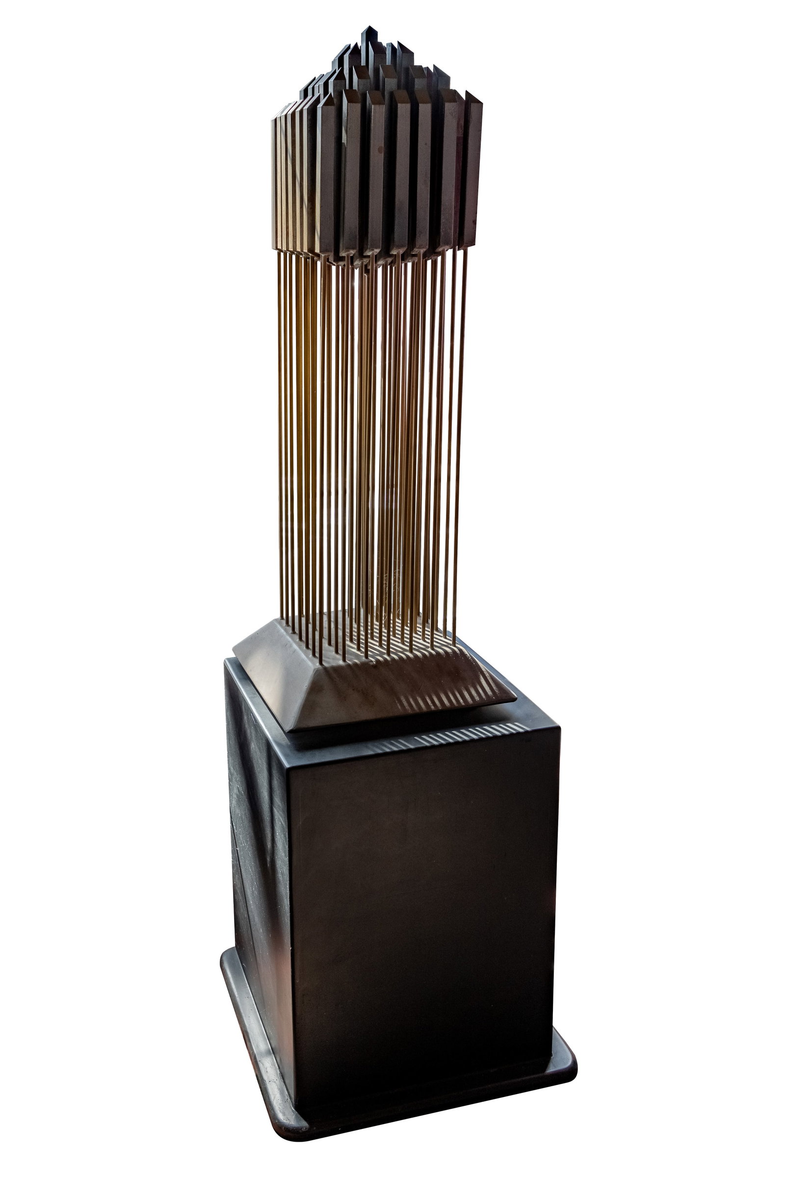 Kenneth Nelson (American, 1932-2022) Chime Metal Sculpture: Kenneth Nelson (American, 1932-2022) Chime Metal Sculpture Undated, unsigned, steel sculpture on a black wood pedestal Property from: an Estate, Chicago (Beverly), Illinois Height: 59 inches, Width: 1