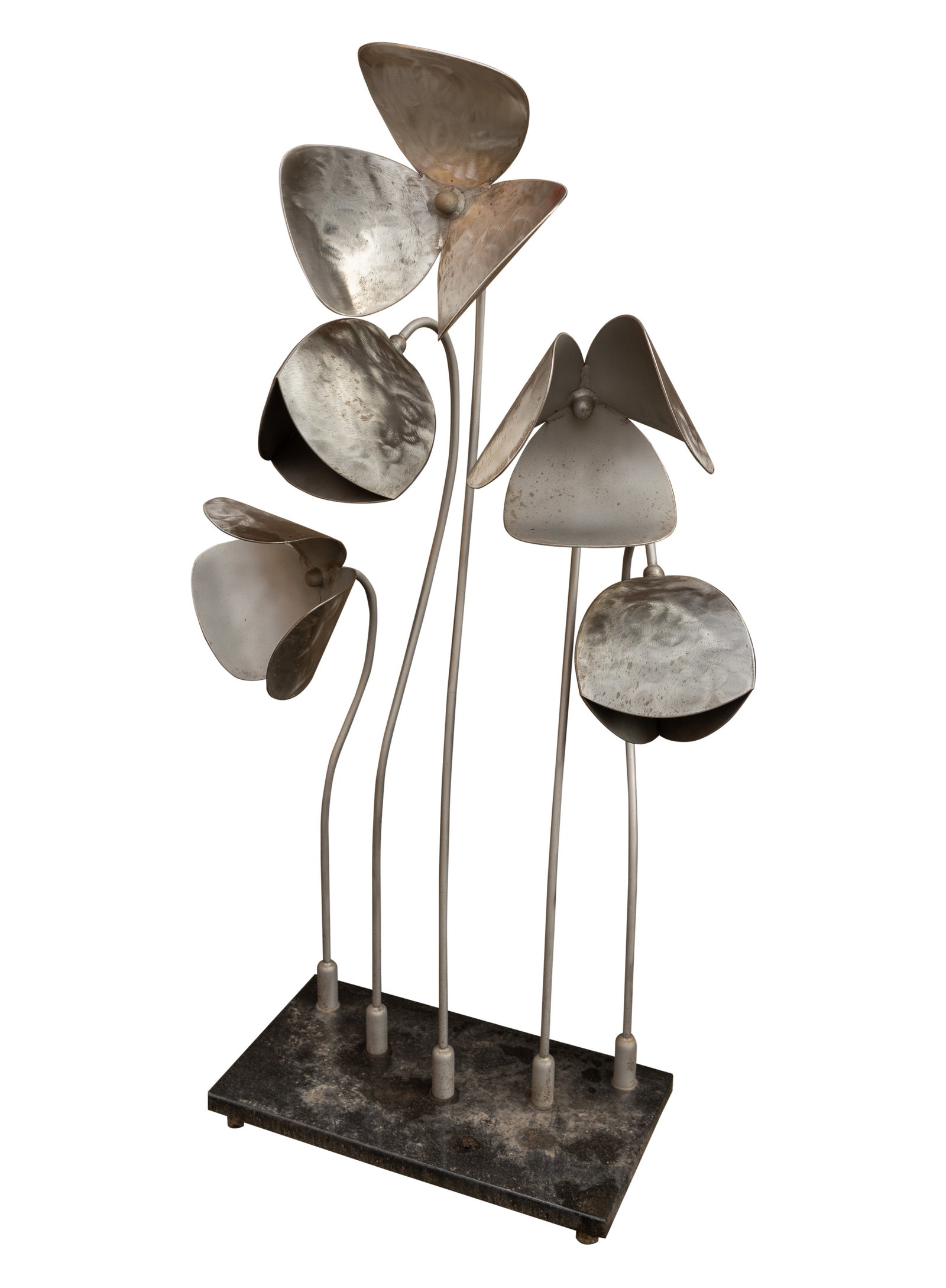 Kenneth Nelson (American, 1932-2022) Metal Sculpture: Kenneth Nelson (American, 1932-2022) Metal Sculpture 2011, unsigned, five stem steel flower sculpture, mounted on marble base Property from: an Estate, Chicago (Beverly), Illinois Height: 59 inches, W