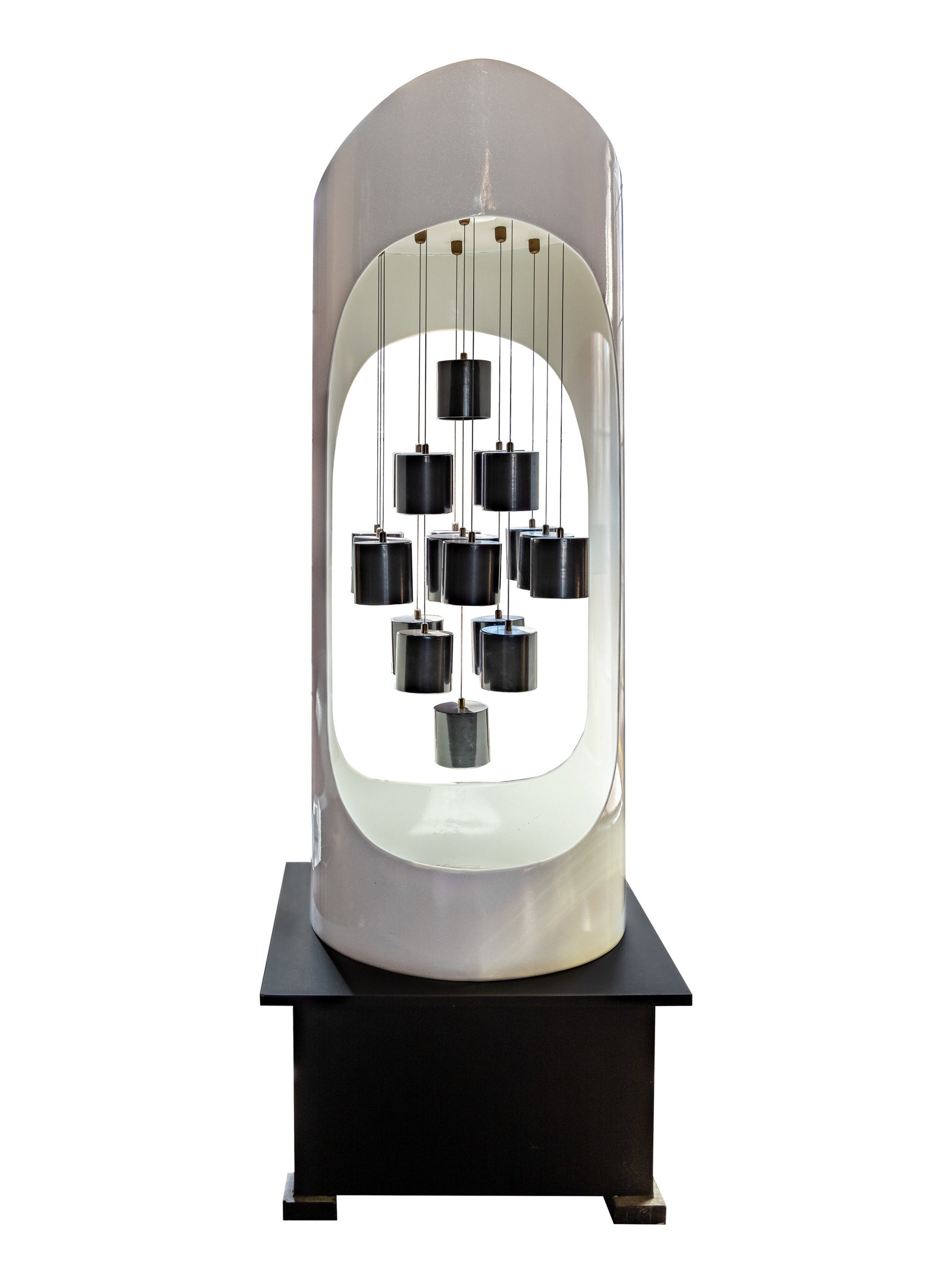 Kenneth Nelson (American, 1932-2022) Metal Sculpture: Kenneth Nelson (American, 1932-2022) Metal Sculpture Undated, unsigned, white and black powder coated steel sculpture having suspended bells, on black wood base Property from: an Estate, Chicago (Beve