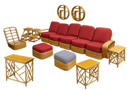 Paul Frankl Rattan Pretzel Furniture Suite: Paul Frankl Rattan Pretzel Furniture Suite (15) items including a (6) piece modular sofa having a right and left six-strand arms and four armless chairs with thick removable two-sided upholstered cush