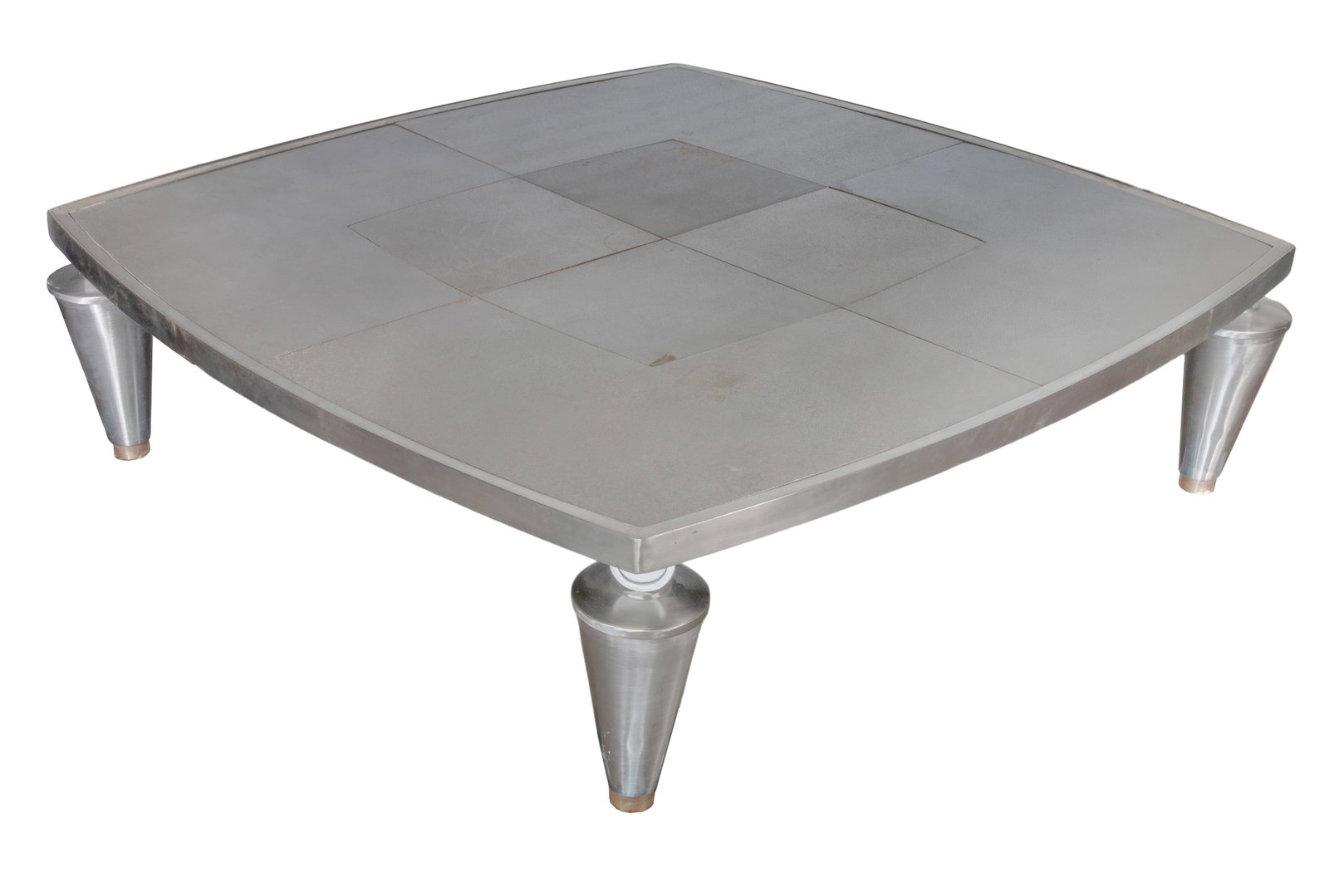 Steel Coffee Table: Steel Coffee Table Having a dark and light steel patchwork top on cone form legs, signed D. Jensen Property from: an Estate, Glenview, Illinois Height: 18 inches, Width: 65 inches, Depth: 65 inches Co