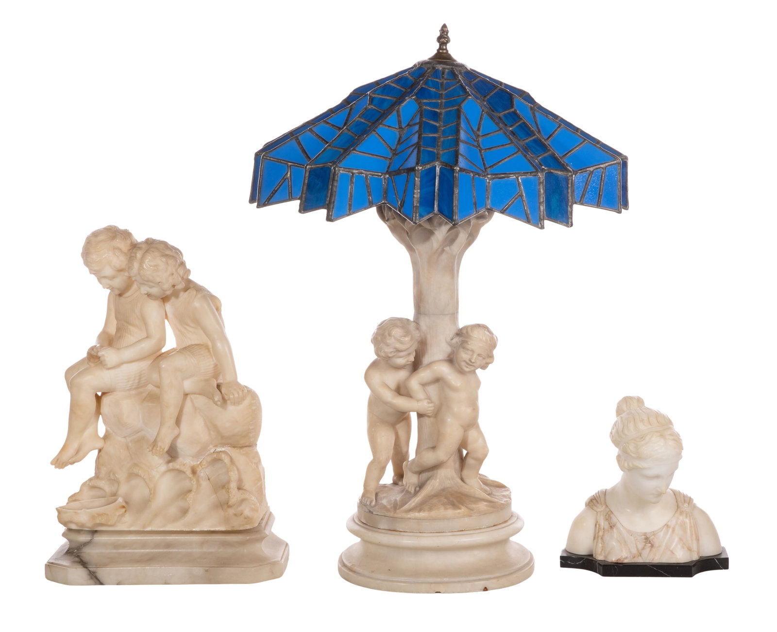 Stained Glass and Alabaster Table Lamp and Figural Statues (1 of 13)