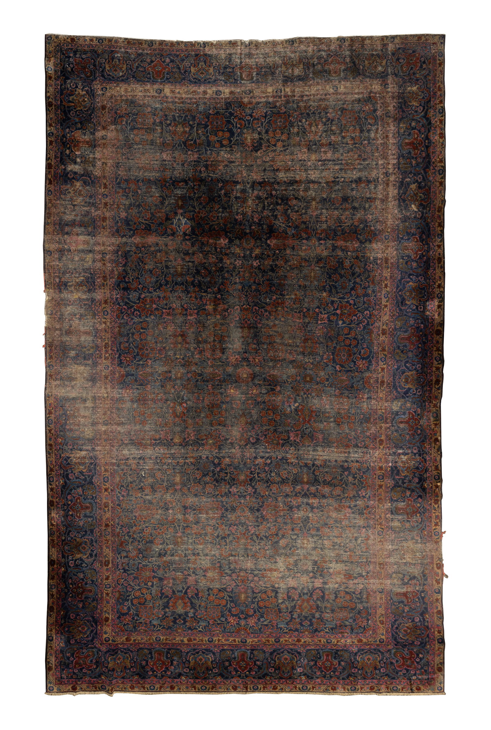 Persian Wool Rug: Persian Wool Rug Palatial size, hand knotted having an abstract floral design in hues of pink, wine and cream on a blue field, fringe Property from: an Estate, Chicago (Beverly), Illinois Length: 224 