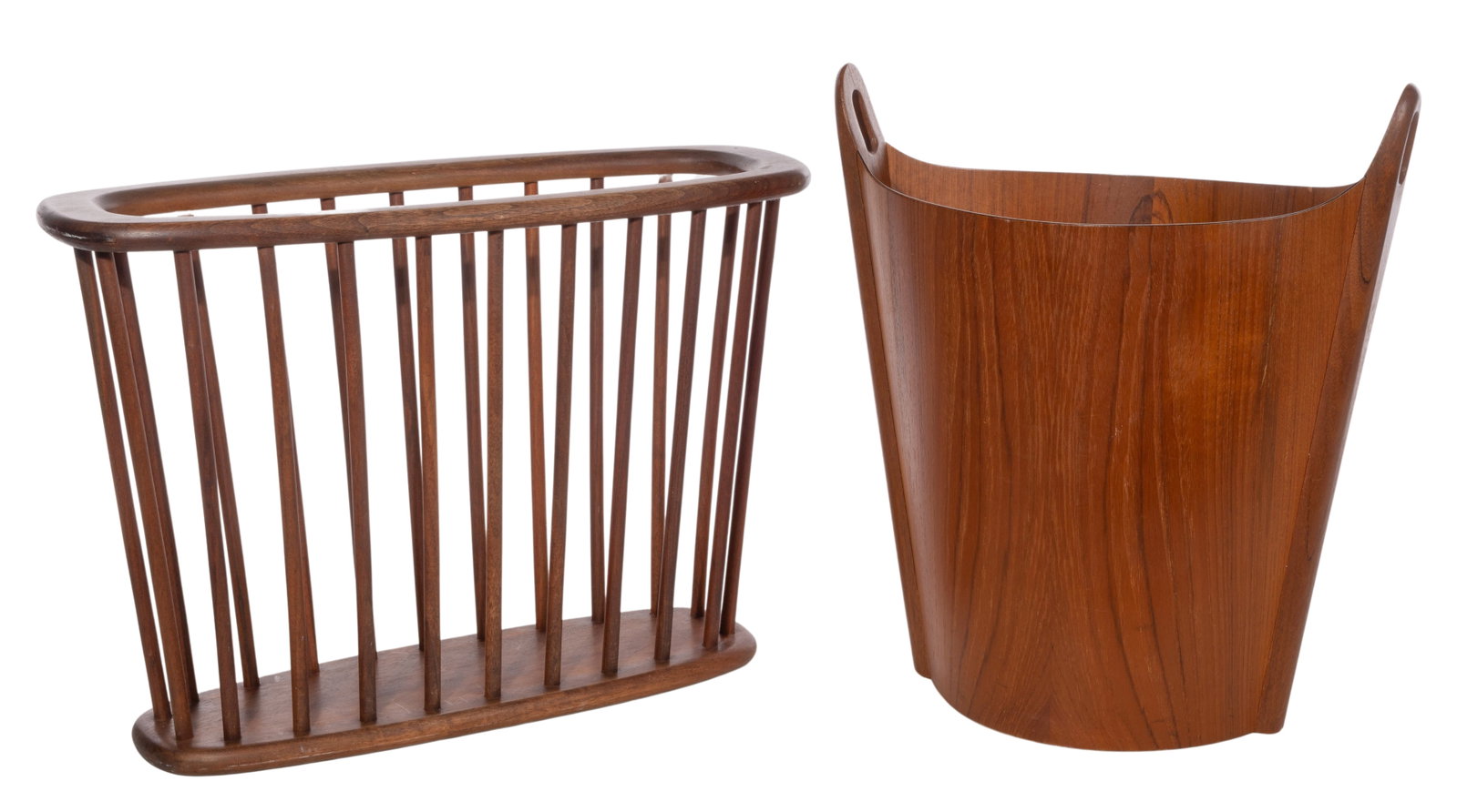 Elinar Barnes for P. S. Heggen Wastebasket: Elinar Barnes for P. S. Heggen Wastebasket (2) total items including c.1965 Heggen wastebasket having sleek bent lines and two handles, branded manufacturer mark to interior; together a walnut spindle