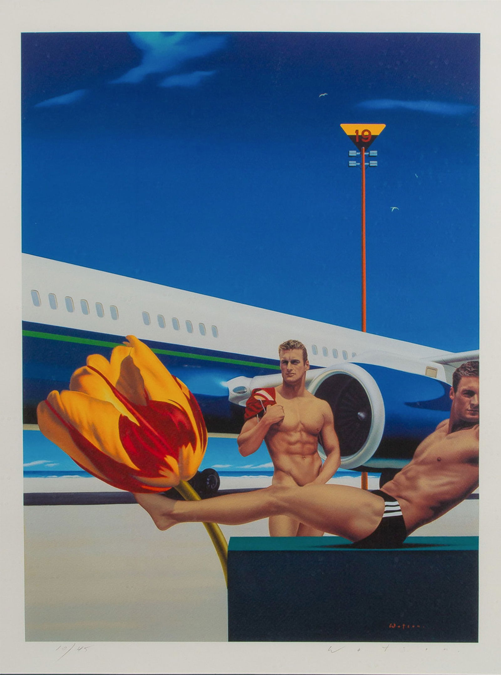 Ross Watson (Australian, b.1962) 'Twins' Lithograph: Ross Watson (Australian, b.1962) 'Twins' Lithograph (3) total items including an undated, signed lower right margin, #10/45, in a painted blue metal frame; together with an undated, signed on lower ri