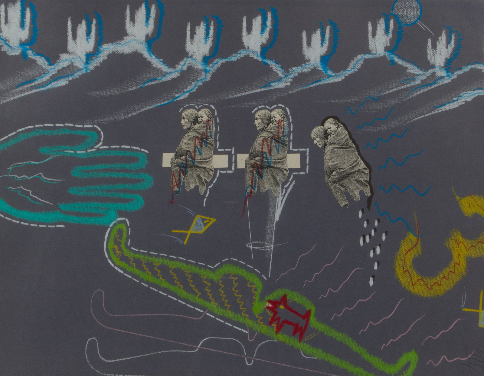 Jo Di Bona (American, b.1976) Mixed Media on Paper: Jo Di Bona (American, b.1976) Mixed Media on Paper Undated, signed lower right, depicting Native Americans in a gray desert landscape, in a painted white metal frame; together with a 1974 watercolor, 