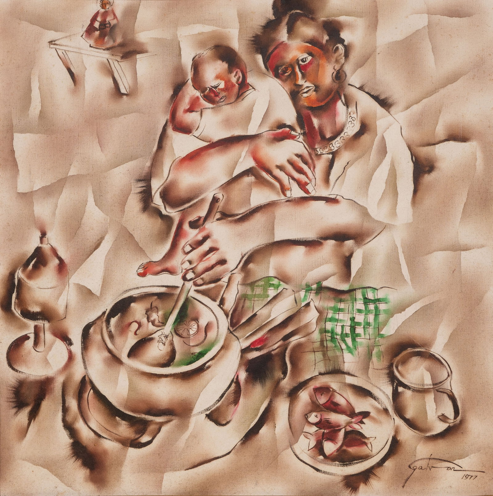Galvan (20th Century) Oil on Canvas: Galvan (20th Century) Oil on Canvas 1977, signed lower right, depicting a figure holding a baby whilst fixing a meal, in a wood frame Property from: a Private Collector, Glen Ellyn, Illinois Height: 2