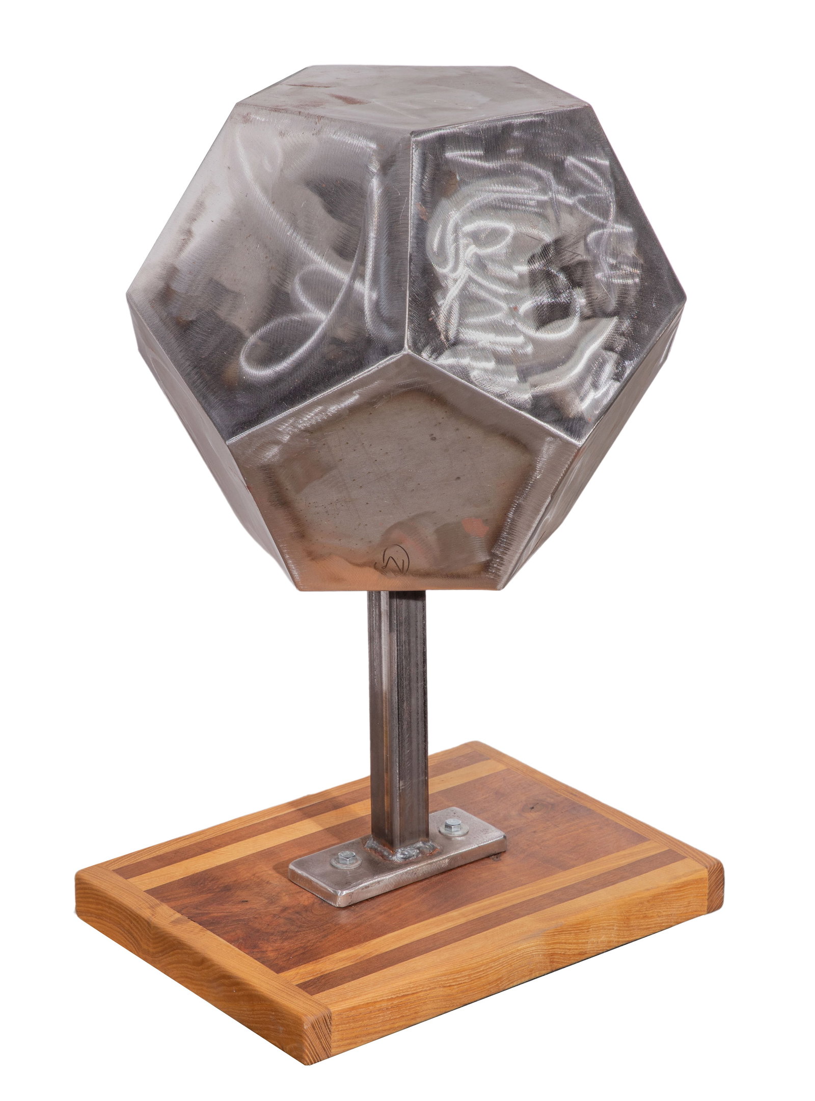 Kenneth Nelson (American, 1932-2022) Sculpture: Kenneth Nelson (American, 1932-2022) Sculpture Undated, unsigned, a polished steel dodecahedron, attached to a wood base Property from: an Estate, Chicago (Beverly), Illinois Height: 30 inches, Width: