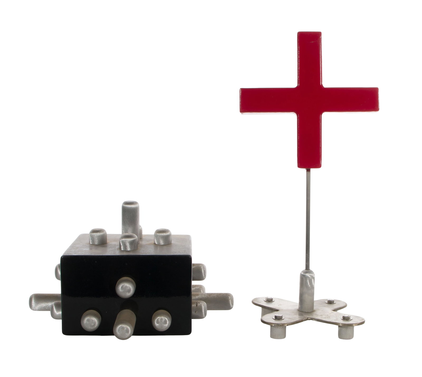 Kenneth Nelson (American, 1932-2022) Metal Sculptures: Kenneth Nelson (American, 1932-2022) Metal Sculptures (2) undated, unsigned items, including a powder coated red cross on an X-form base and a spherical cube box having rounded protrusions Property fr