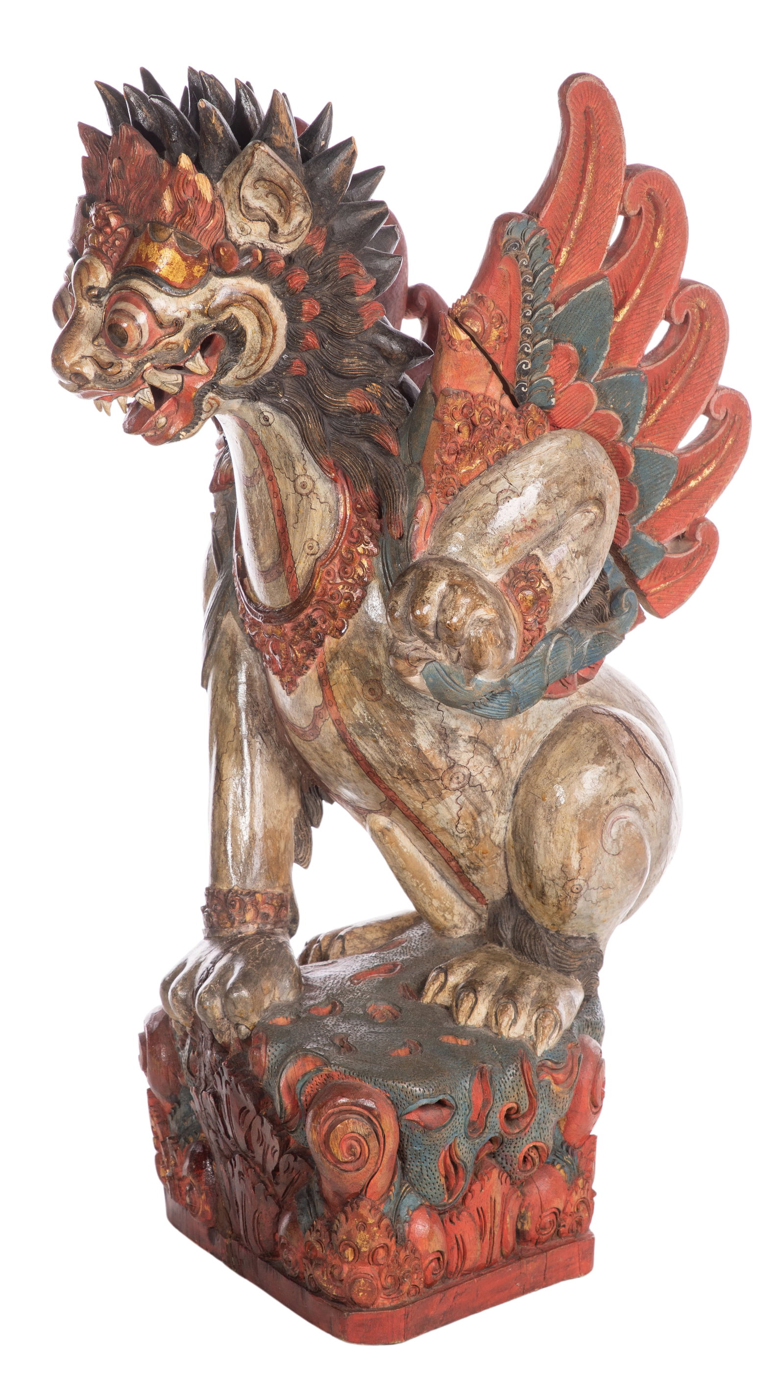 Balinese Painted Carved Wood Garuda: Balinese Painted Carved Wood Garuda Having hand carved details and detachable wings Property from: an Estate, Chicago (Gold Coast), Illinois Height: 29 1/4 inches, Width: 13 3/4 inches, Depth: 18 1/2 