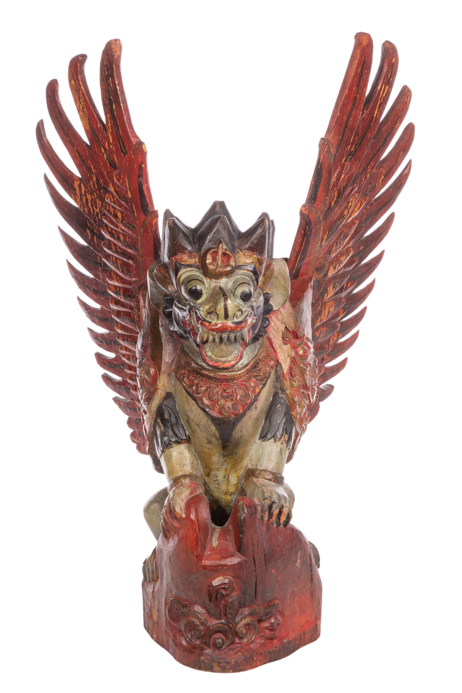 Balinese Painted Carved Wood Garuda: Balinese Painted Carved Wood Garuda Having hand carved details and detachable wings Property from: an Estate, Chicago (Gold Coast), Illinois Height: 30 inches, Width: 19 1/8 inches, Depth: 13 inches C