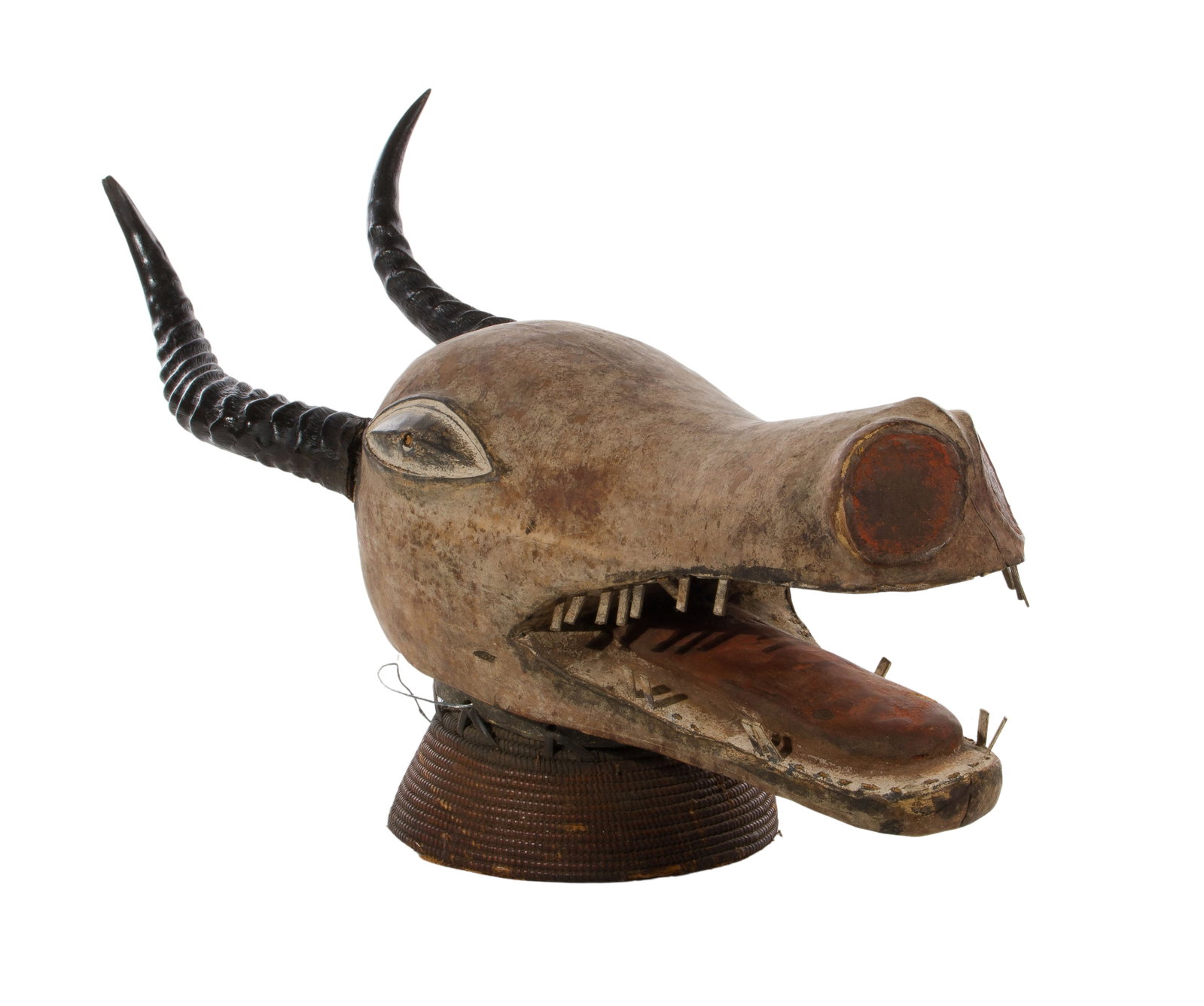 African Ekoi Crest Mask: African Ekoi Crest Mask Depicting an antelope, carved wood covered in antelope skin and having attached antelope horns, mounted to a basketry head piece, from the Ejagham (Ekoi) people of Nigeria and 