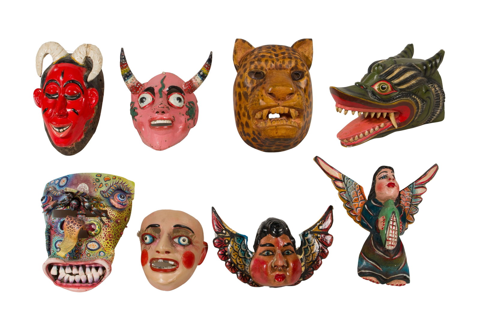 Latin American Mask Assortment: Latin American Mask Assortment (8) total items including a Tastoan painted leather mask from Jalisco having inset horse teeth, a painted metal diablo and a painted composition female from Bolivia, a d