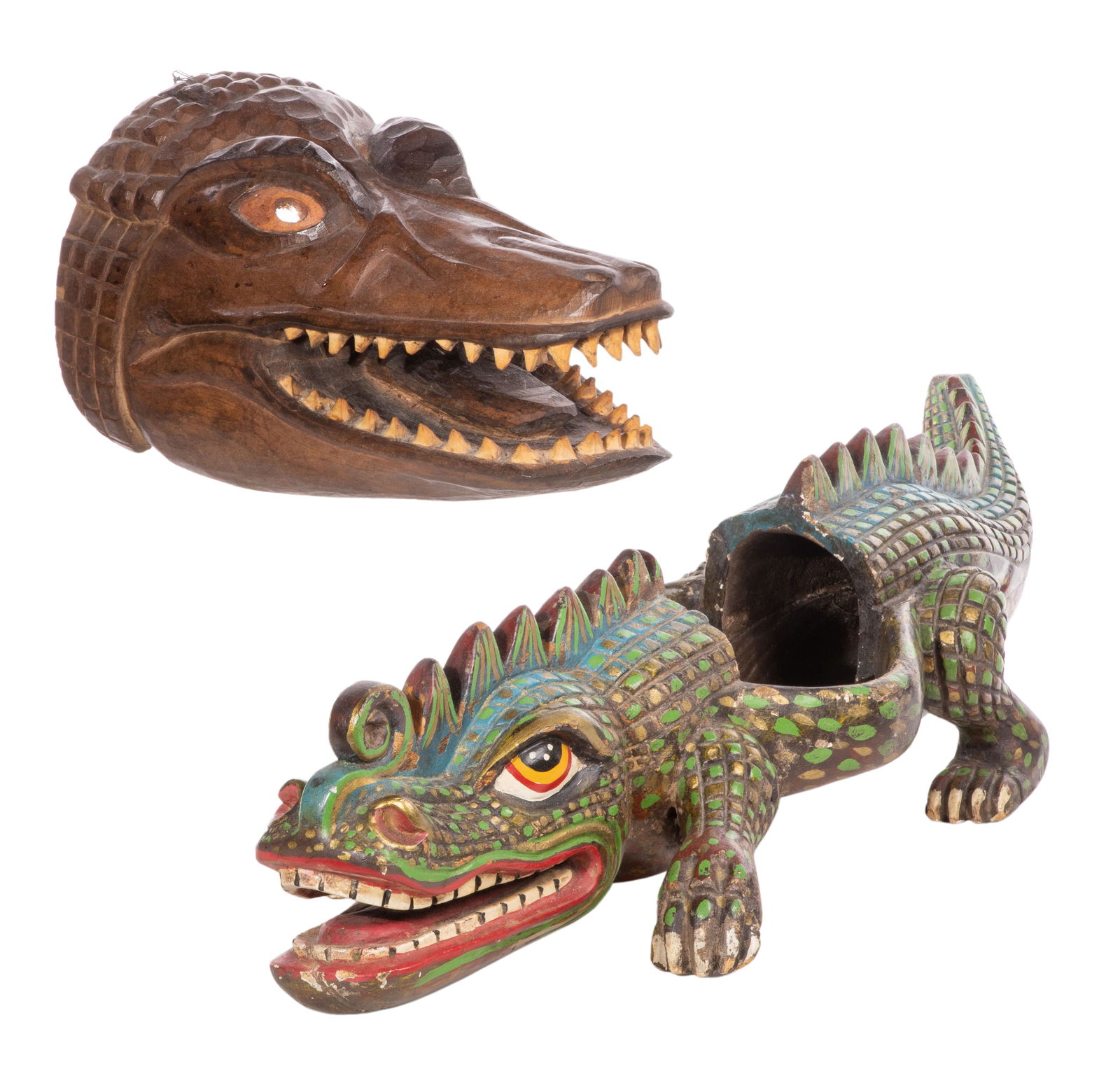 Latin American Painted Wood Alligator Masks: Latin American Painted Wood Alligator Masks (2) items including a multi-color Mexican caiman body mask and a mask having a note attributing it to Paraguayan artist Jose Escobar, a Gauran Indian Proper