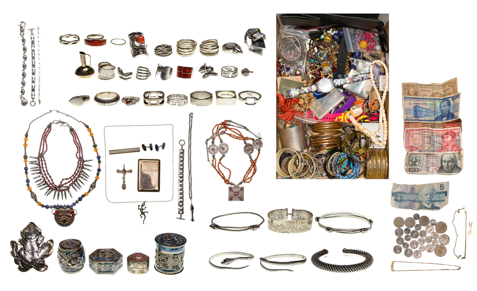 18k Yellow Gold, Sterling Silver and Costume Jewelry Assortment: 18k Yellow Gold, Sterling Silver and Costume Jewelry Assortment Including a choker necklace and a bracelet (marked '18k') and necklaces, bracelets, rings, earrings, pill boxes and trinket trays, some
