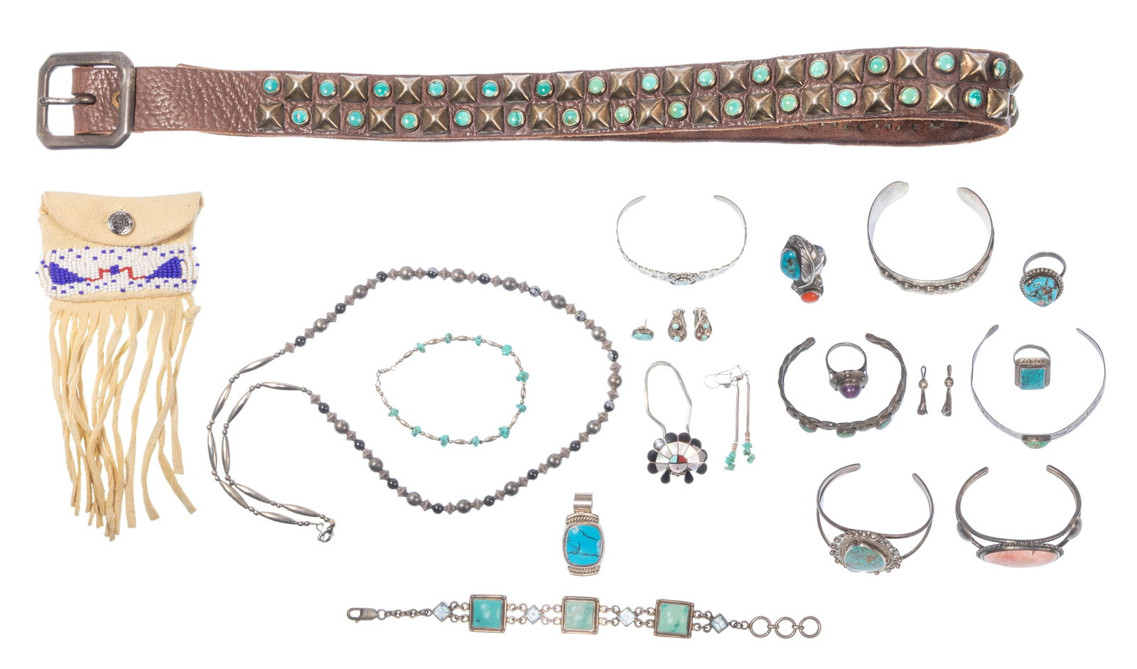 Sterling Silver, Silver and Costume Jewelry Assortment: Sterling Silver, Silver and Costume Jewelry Assortment Including a link bracelet, cuff bracelets, rings and pendants (most marked 'sterling' / '925') as well as approximately (1/2) pound of fashion it