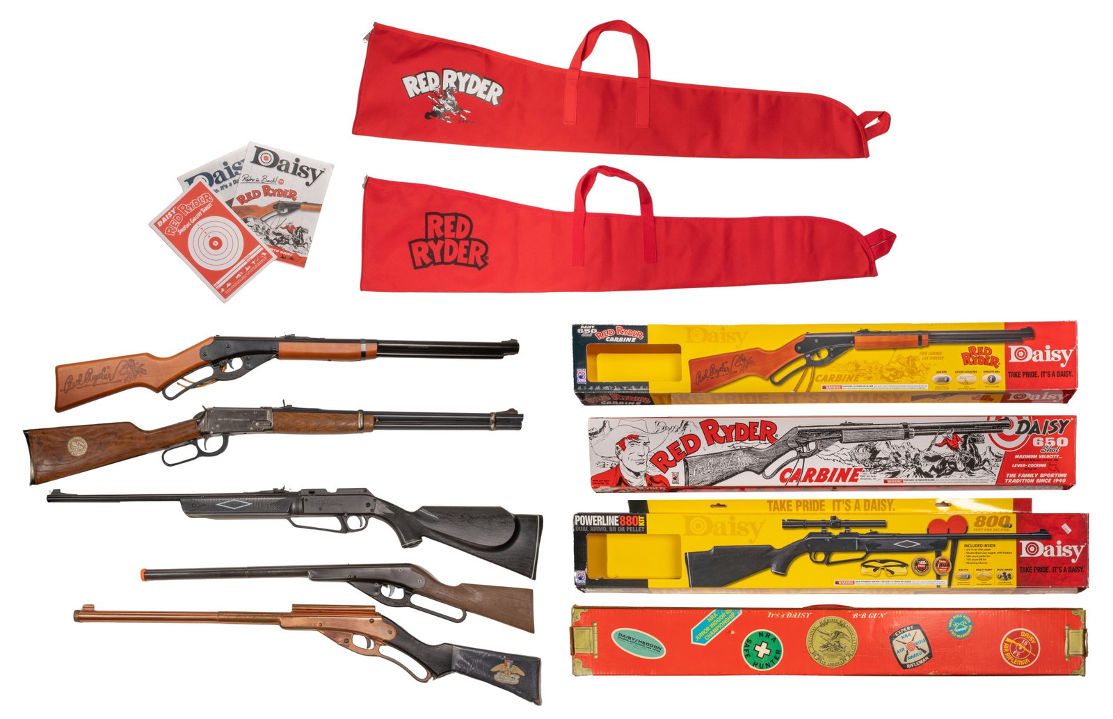 Daisy Air Soft Gun Assortment: Daisy Air Soft Gun Assortment (8) total items including a 1936 Golden Eagle (no box), a 1971 NRA Centennial Carbine #5894 in box, a 2013 Red Ryder in box, a 2013 Powerline 880 with box, a 2018 Red Ryd