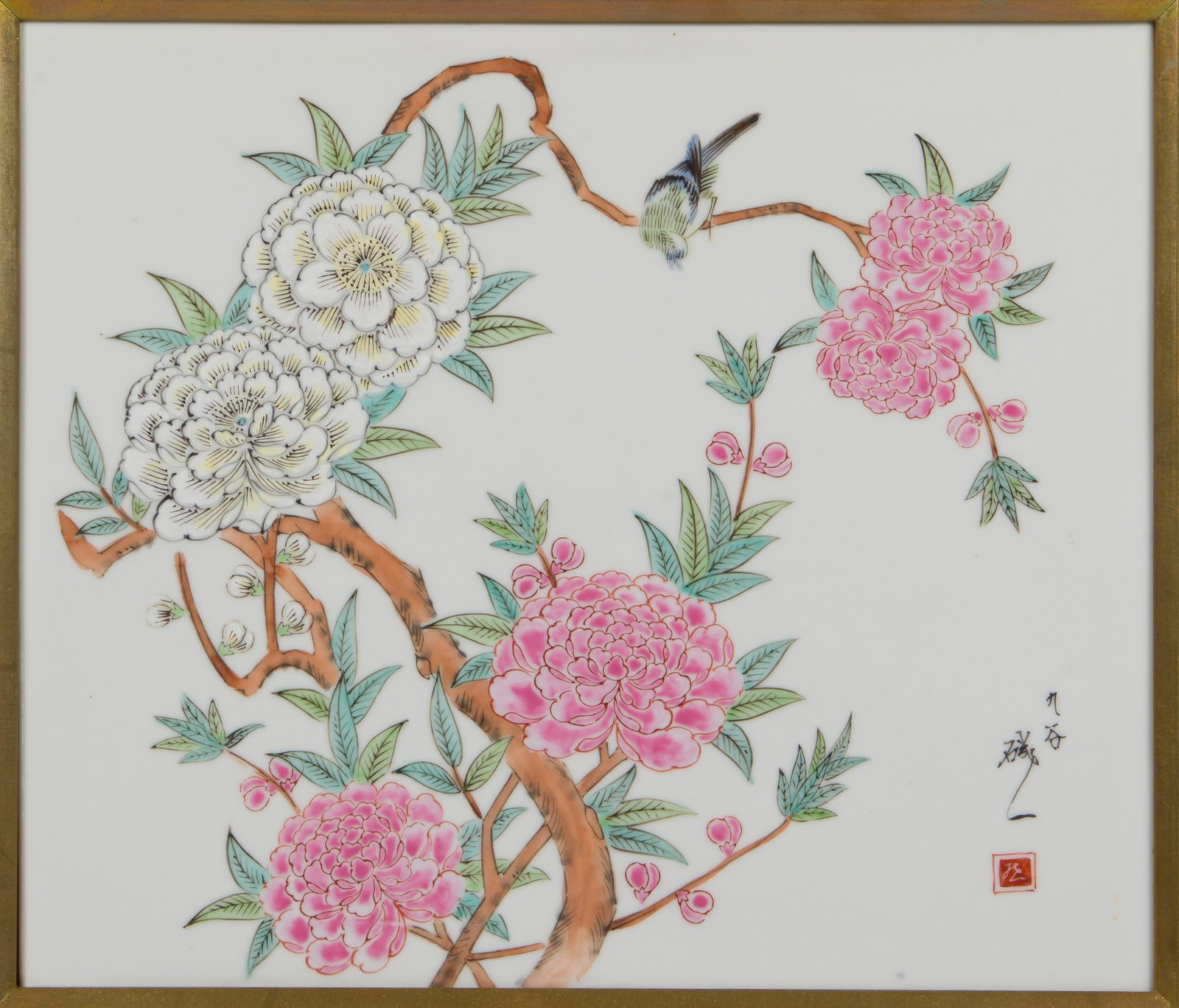 Japanese Kutani Porcelain Plaque: Japanese Kutani Porcelain Plaque Undated, signature and chop mark lower right, depicting a bird in a flowering bush, linen matted in a chip-carved wood frame Property from: an Estate, Crown Point, Ind