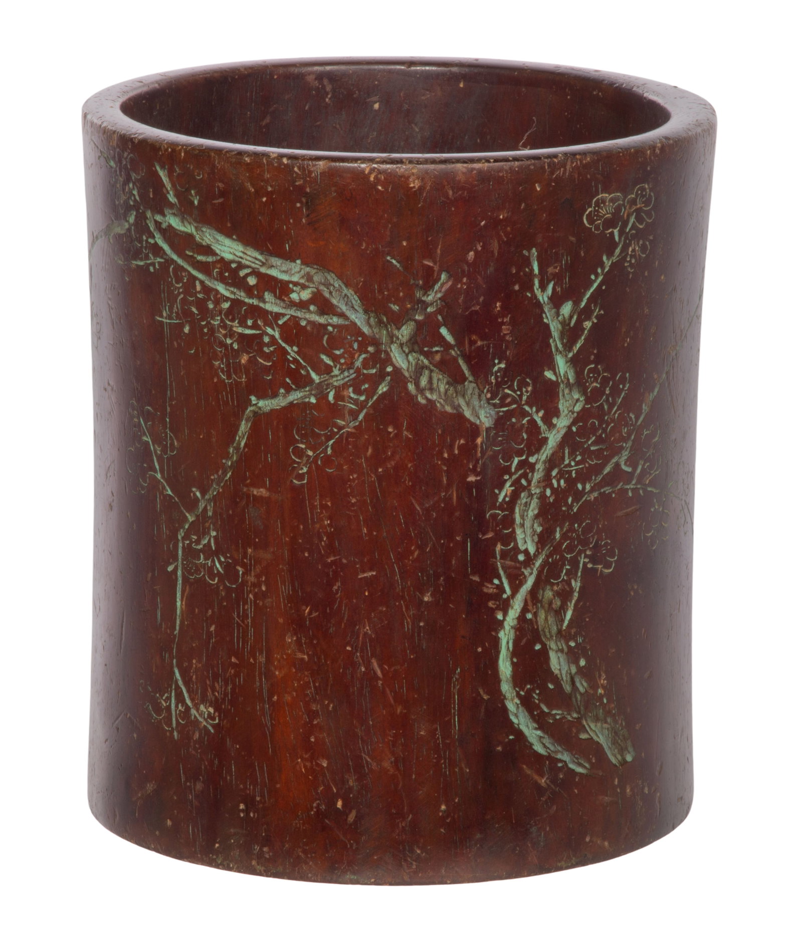 Chinese Zitan Wood Brush Pot: Chinese Zitan Wood Brush Pot A straight sided cylinder of zitan / red sandalwood having engraved arboreal motif and calligraphy with green pigment rubbed into the design, a circular opening to the bot