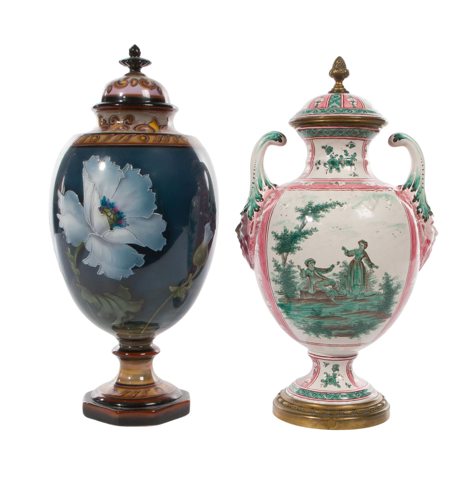 Porcelain Lidded Urns: Porcelain Lidded Urns (2) 19th century items including a Royal Bonn having floral motif on blue ground, the shoulder, neck, lid and foot being brown transitioning to yellowish off-white, marked on und