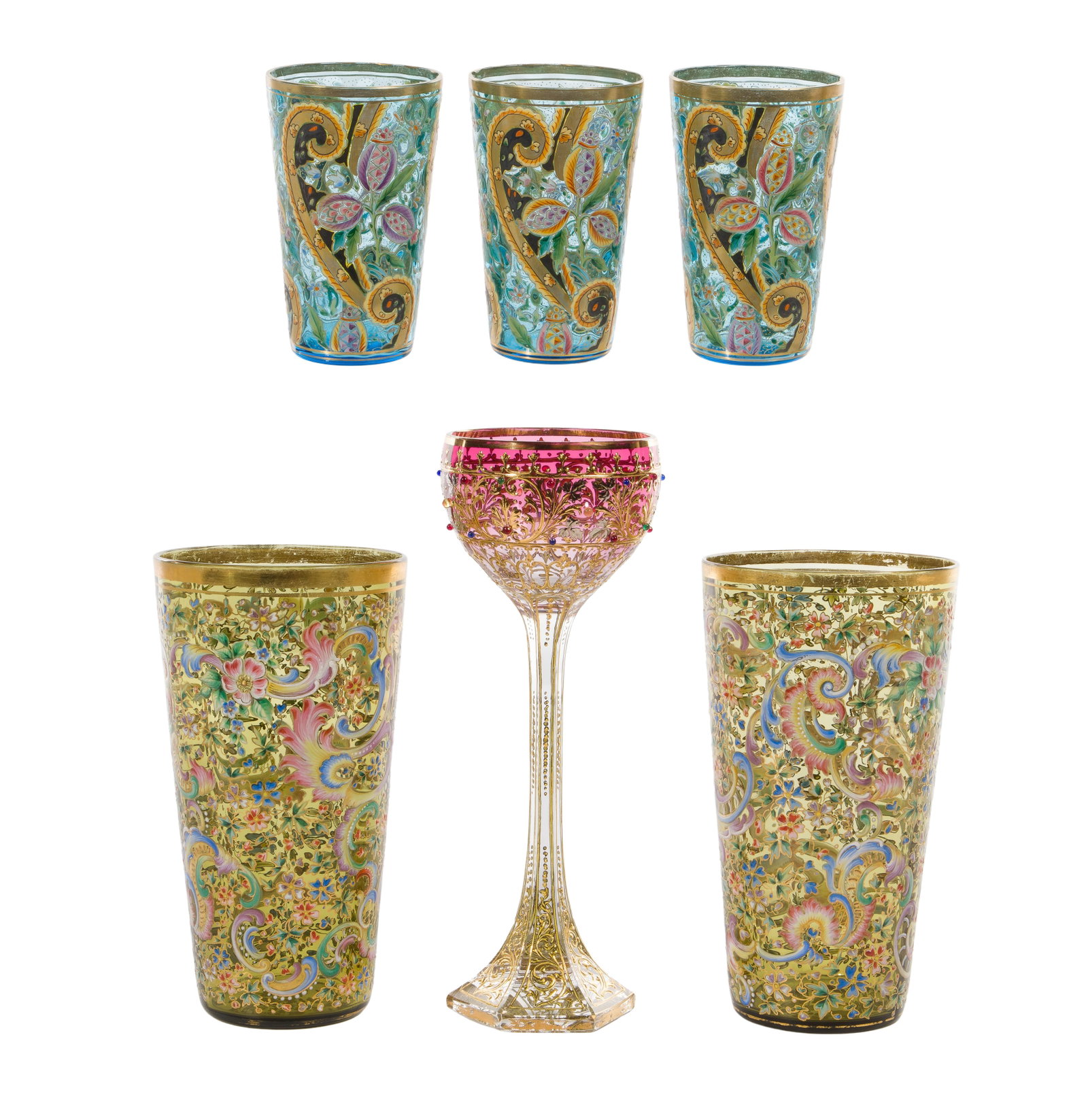 Moser Glass Assortment: Moser Glass Assortment (6) items including (2) beakers, (3) juice cups and a wine glass, all having hand painted enamel and gilt designs Property from: an Estate, Crown Point, Indiana Height: 8 inches