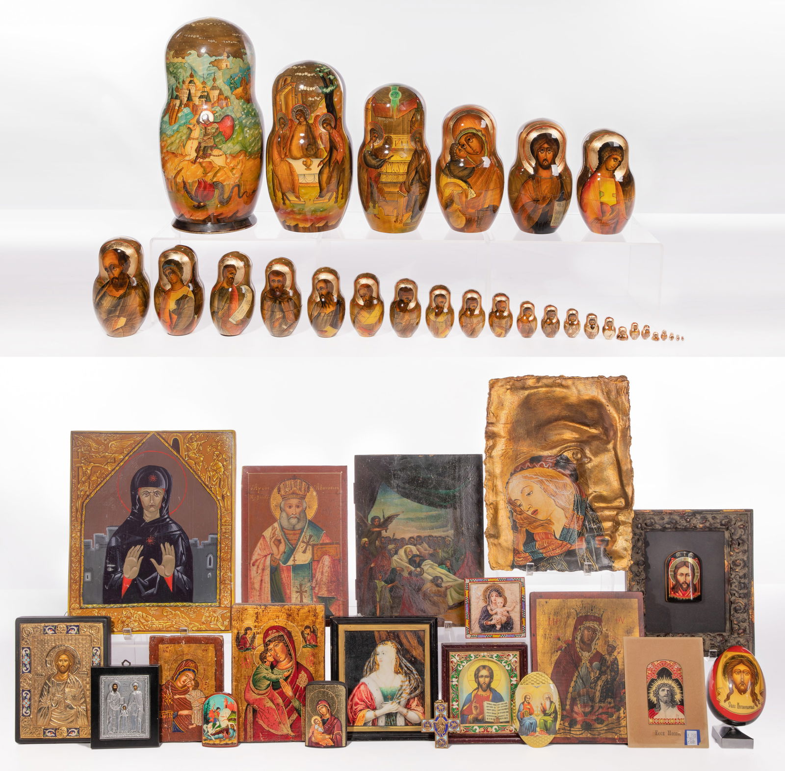 Orthodox Religious Icon Assortment: Orthodox Religious Icon Assortment Russian and Greek religious plaques in various sizes, materials and shapes; together with matrushka having (29) nesting dolls signed Melnikov, 1995 and a hand painte