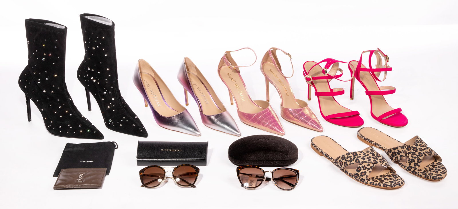Stuart Weitzman Shoe Assortment: Stuart Weitzman Shoe Assortment (8) total items including (5) pairs of shoes; together with Tom Ford and Burberry sunglasses in original cases and an Yves Saint Laurent leather business card holder Pr