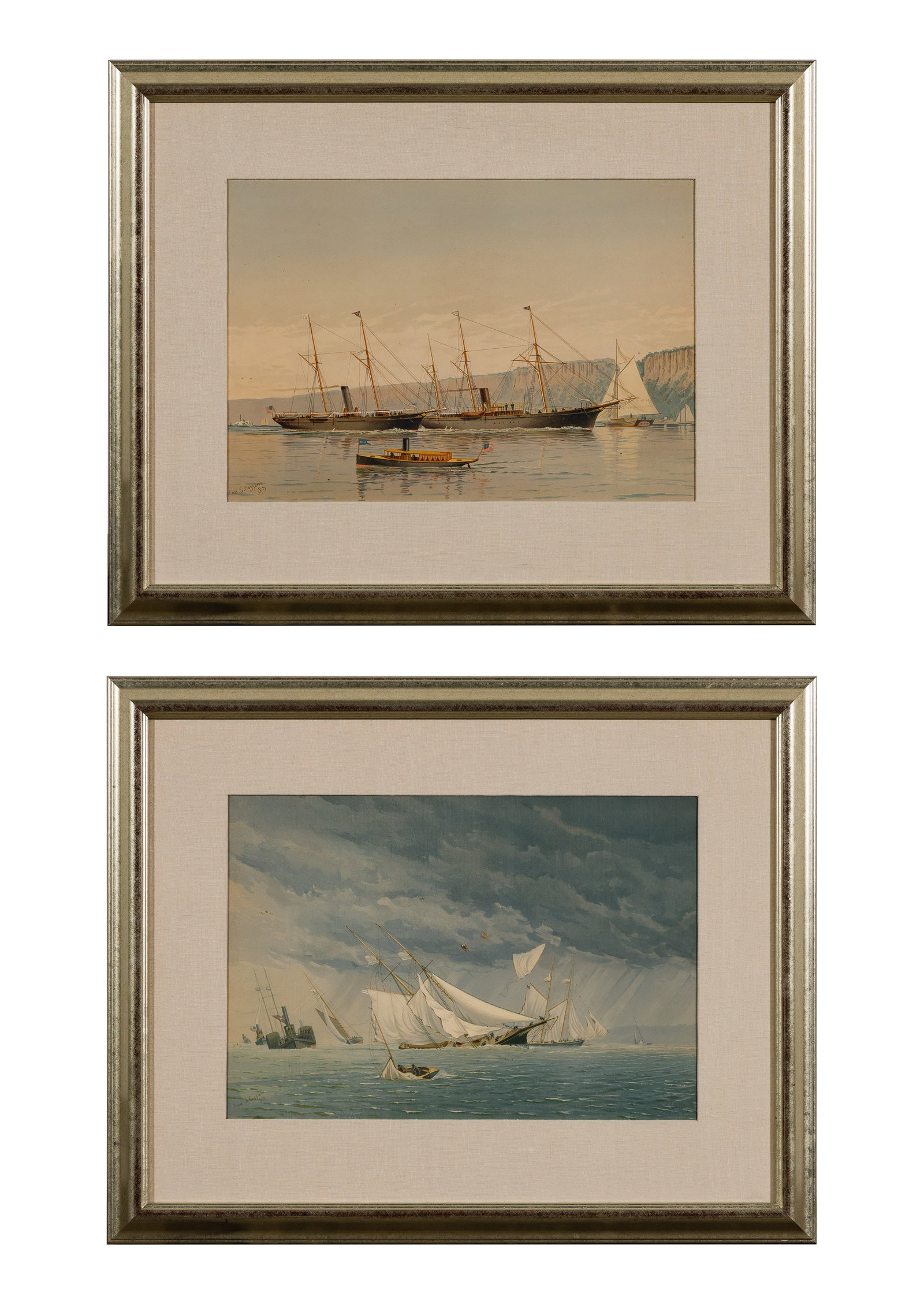Fred Cozzens (American, 1846-1928) Color Lithographs: Fred Cozzens (American, 1846-1928) Color Lithographs (2) 1893 lithographs, printed signatures lower right, including sinking ships in a storms aftermath as well as steamboats and sailboats in front of