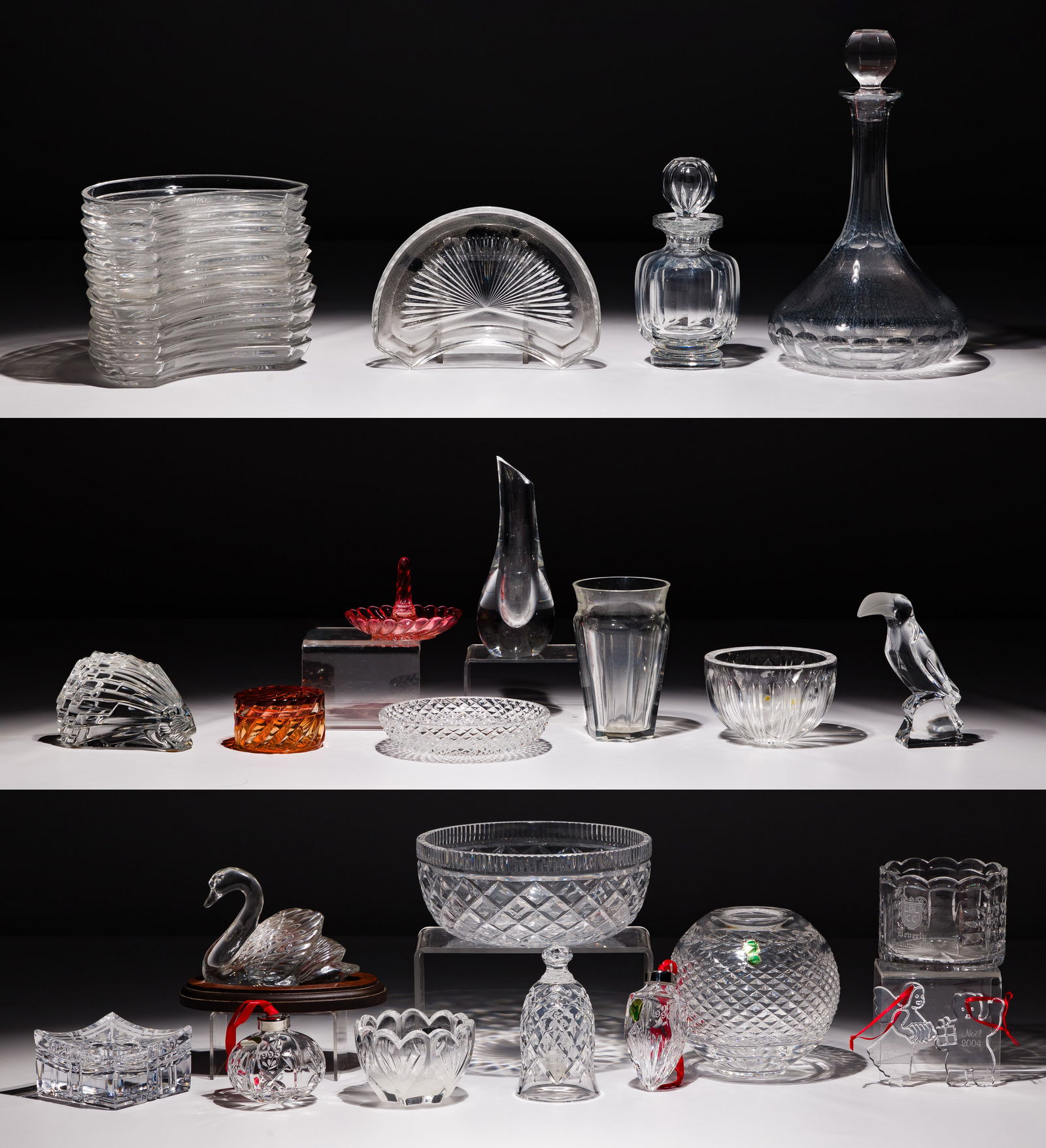 Waterford and Baccarat Crystal Assortment: Waterford and Baccarat Crystal Assortment (20) total items including (2) decanters, a vase, a tumbler, a hedgehog paperweight, amber color ring holder and lidded trinket box, all etch stamped 'Baccara