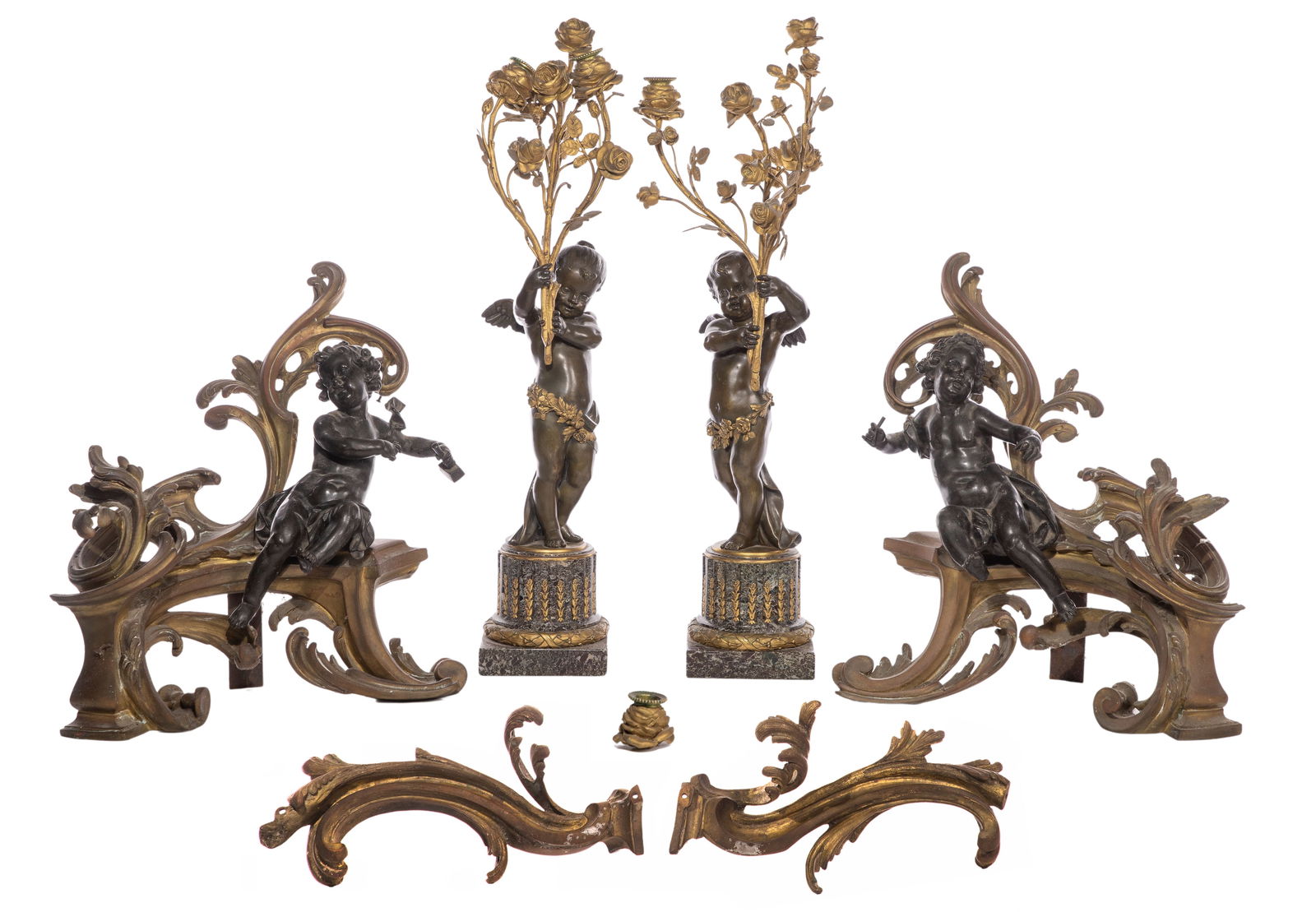 Louis XV Bronze Cherub Andirons and Candelabras (1 of 2)