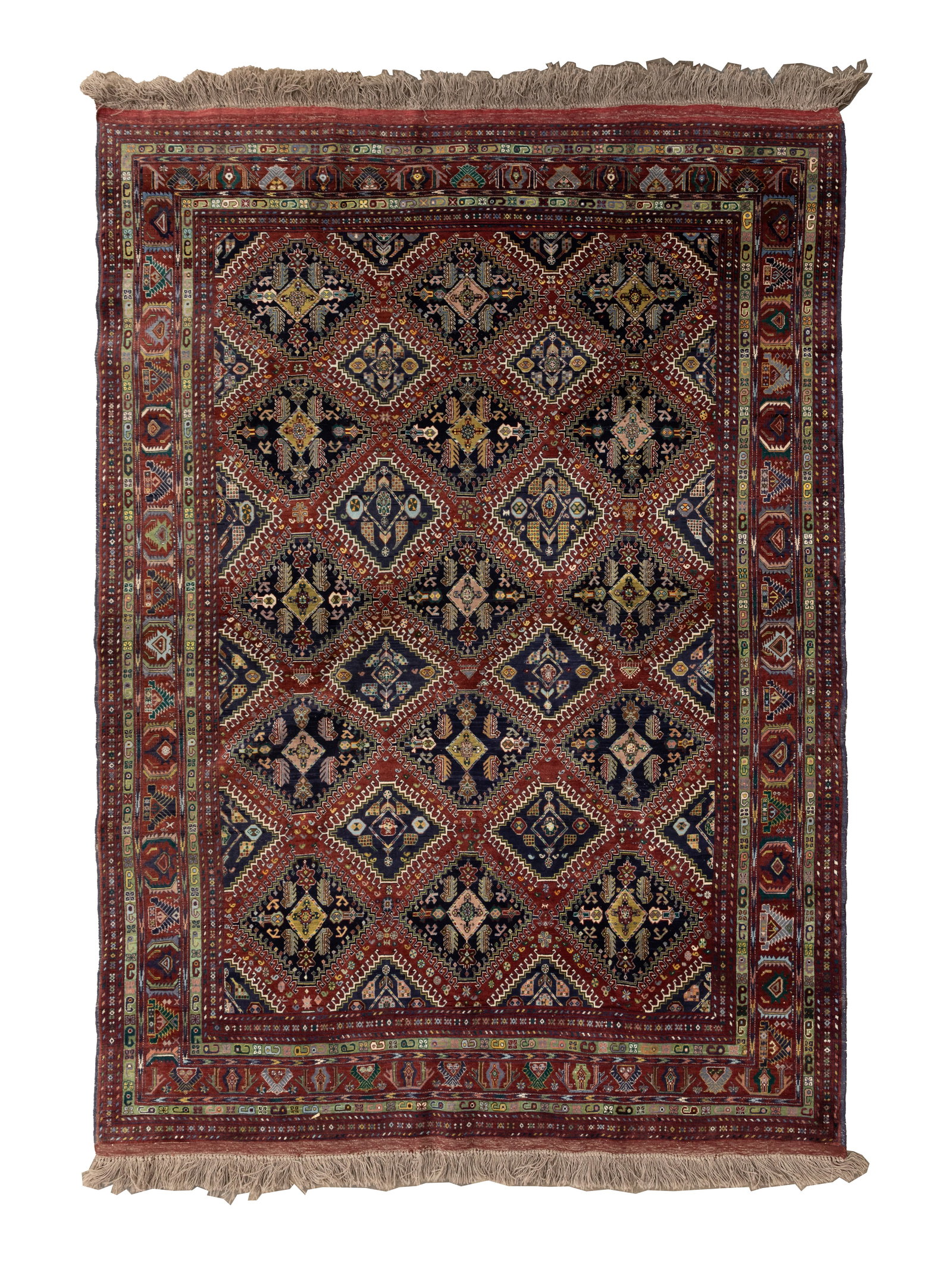 Persian Wool Rug: Persian Wool Rug Hand woven abstract geometric and floral design in hues of green, blue, orange and cream on a wine field, fringe Property from: a Private Collector, Addison, Illinois Length: 110 1/8 
