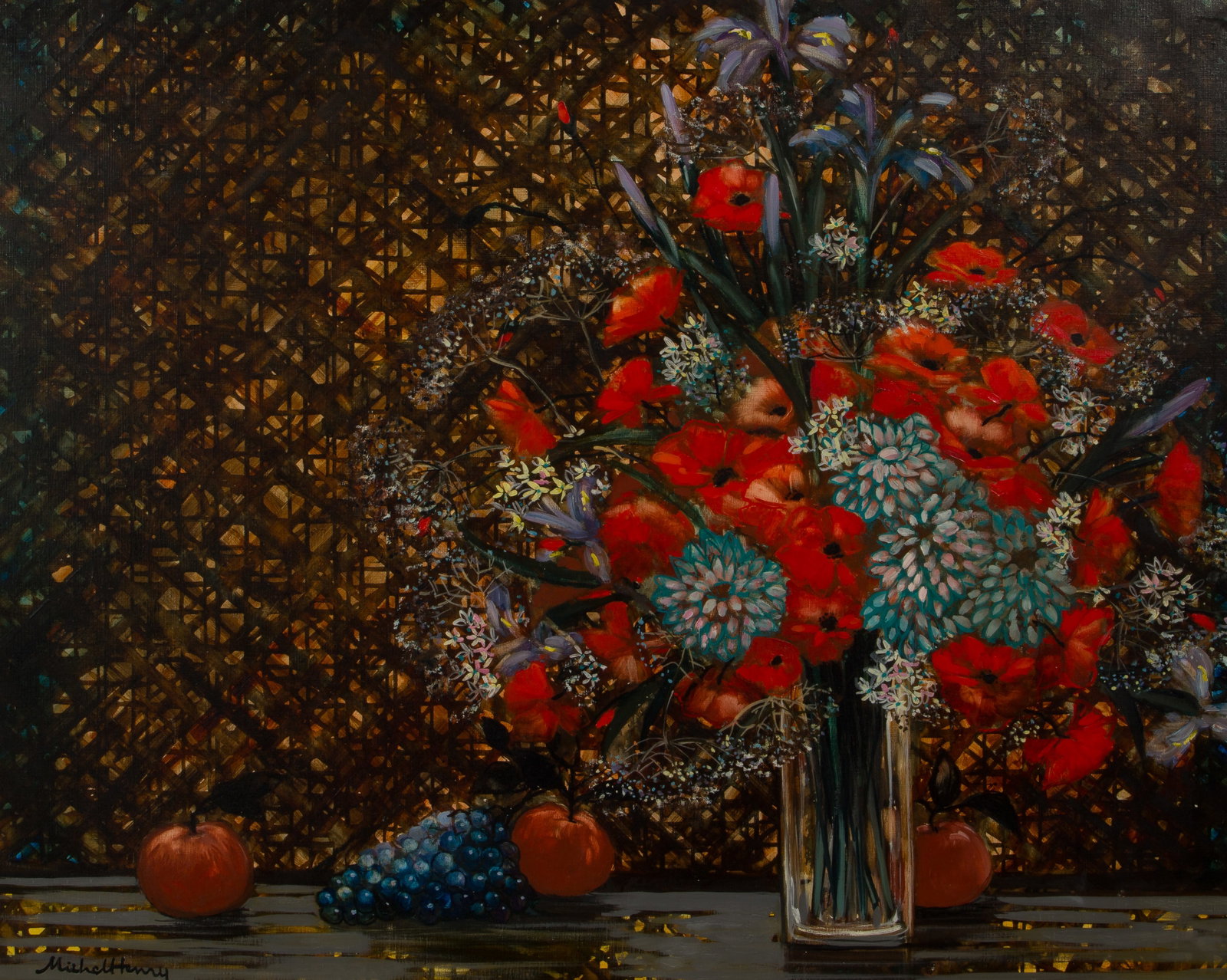 Michel Henry (French, 1928-2016) "Coquelicots aux Bambous" Oil on Canvas: Michel Henry (French, 1928-2016) 'Coquelicots aux Bambous' Oil on Canvas Undated, signed lower left, depicting a floral still-life, in gold-tone wood frame, including a Wally Findlay Galleries COA Pro