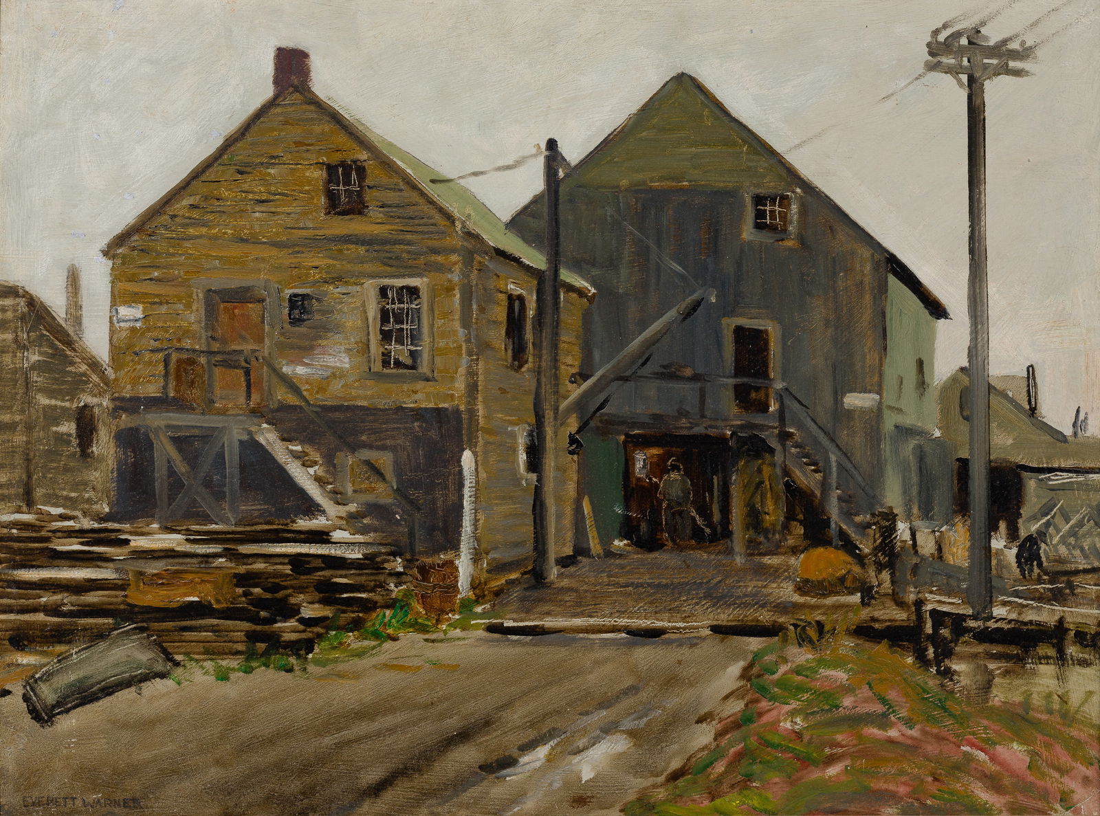 Everett Longley Warner (American, 1877-1963) Oil on Board: Everett Longley Warner (American, 1877-1963) Oil on Board Undated, signed lower left, depicting wood frame structures, in a gold-tone wood frame Property from: a Private Collector, Oak Brook, Illinois