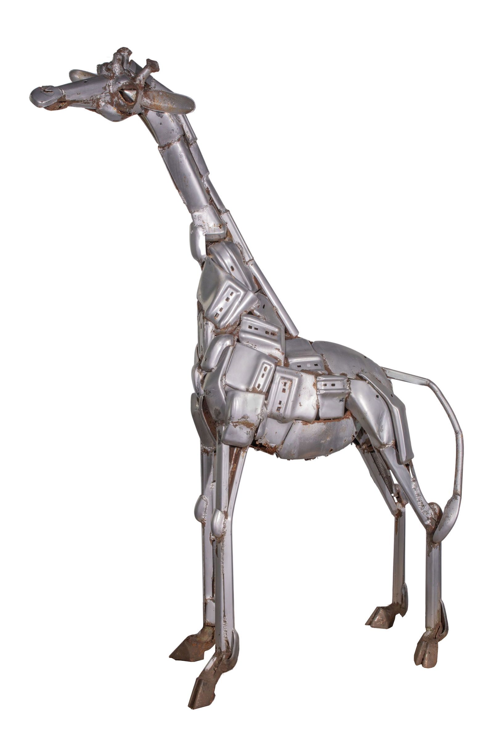 John Kearney (American, 1924-2014) Giraffe Steel Sculpture: John Kearney (American, 1924-2014) Giraffe Steel Sculpture Undated, torch cut artist initials on right upper thigh, crafted from salvaged steel car bumpers Property from: an Estate, Highland Park, Ill