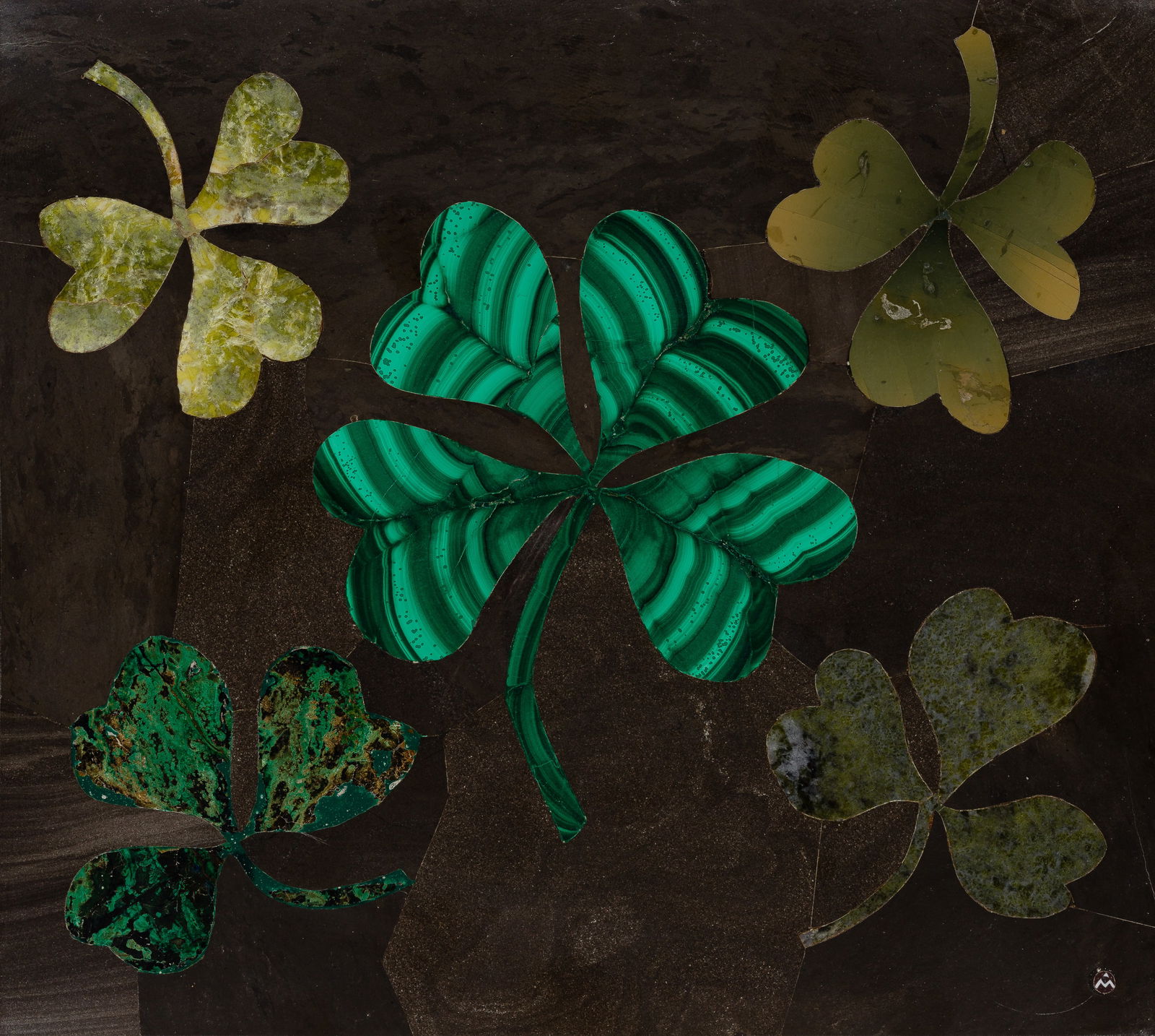 Richard Blow (American, 1904-1983) Pietra Dura Plaque: Richard Blow (American, 1904-1983) Pietra Dura Plaque 1969, pencil signed, dated and inscribed 'Montici' verso, depicting a shamrock / four-leaf clover of malachite centering four three-leaf clovers i