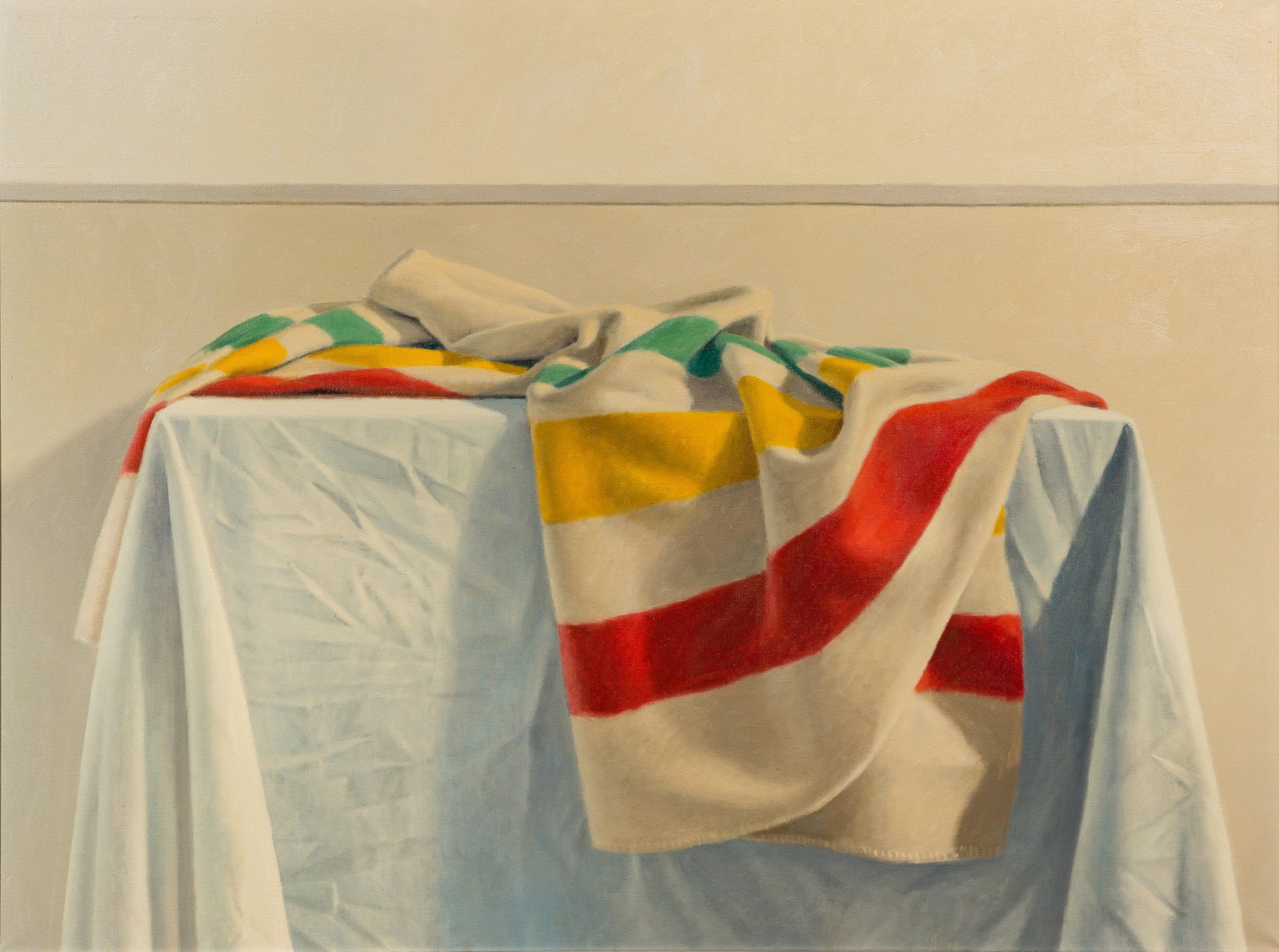 James B. Moore (American, b.1946) 'Blanket on a Table' Oil on Canvas: James B. Moore (American, b.1946) 'Blanket on a Table' Oil on Canvas 1982, signed lower right, still life depicting a blanket, Dana Reich Galley Tag attached verso, in a silver-tone frame Property fro