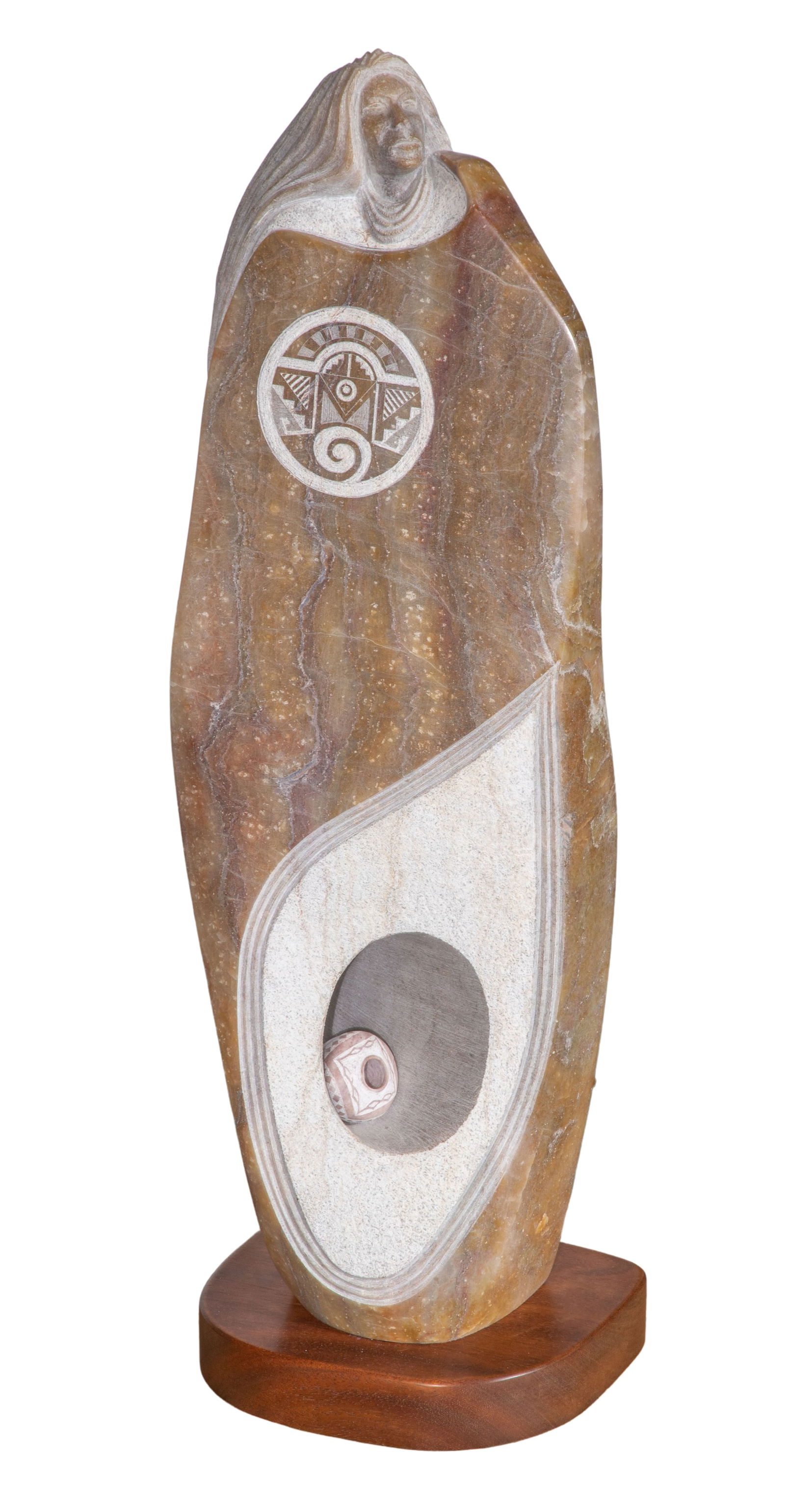 Cliff Fragua (American, b.1955) Carved Utah Alabaster Sculpture: Cliff Fragua (American, b.1955) Carved Utah Alabaster Sculpture 1990, engraved signature and date lower reverse, depiction of a robed figure, the robe polished, remainder unpolished, circular engraved