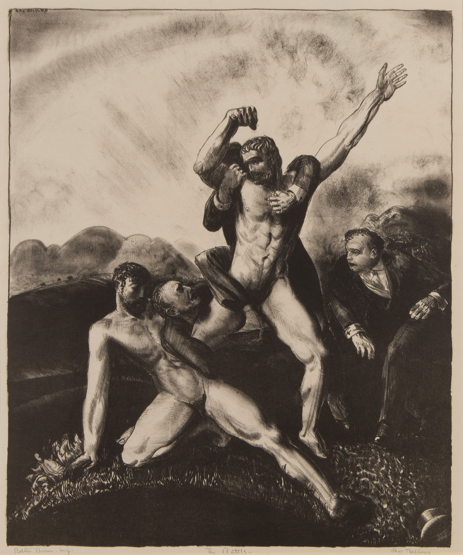 George Wesley Bellows (American, 1882-1925) 'The Battle' Lithograph: George Wesley Bellows (American, 1882-1925) 'The Battle' Lithograph 1923, pencil signed, titled and 'imp' lower margin, signed in stone upper left, depicting men in suits battling ancient men, unframe